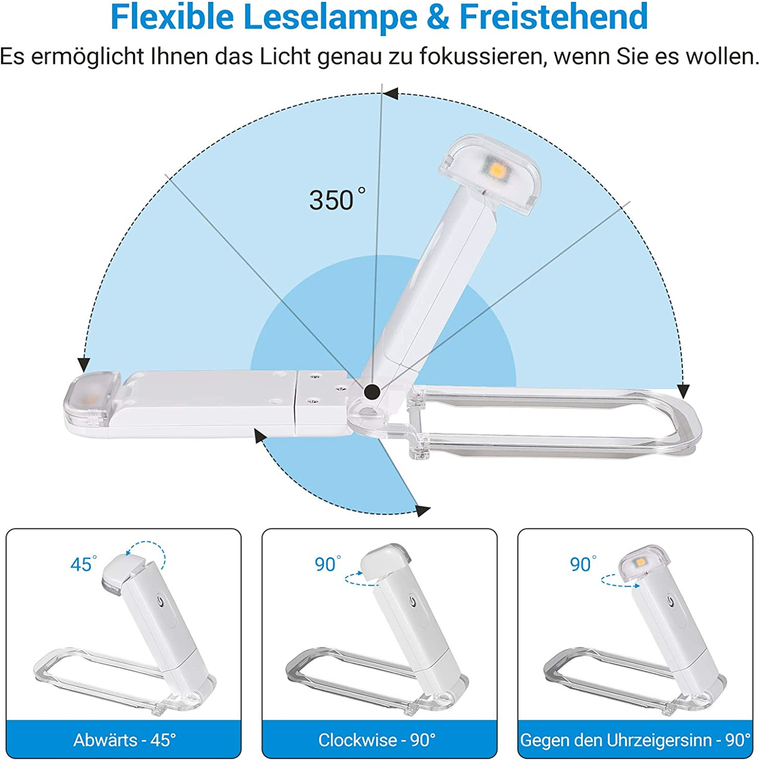 Eine verstellbare weiße LED-Lampe mit gebogenem Fuß und Lampenkopf, der sich um 350 Grad drehen lässt.
