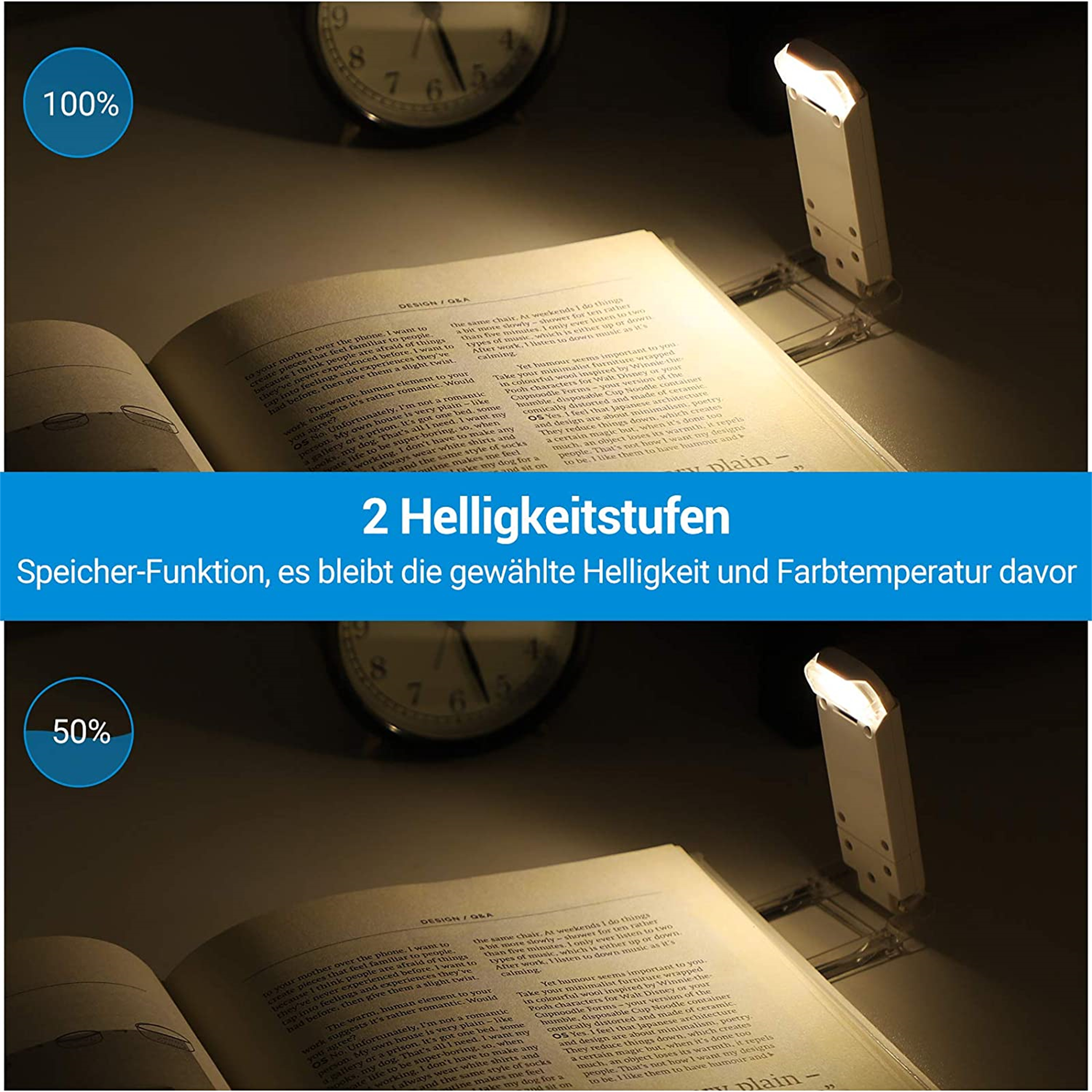 Zwei Bilder einer Buchlampe auf einem Buch. Eines zeigt 100 % Helligkeit, das andere 50 %.