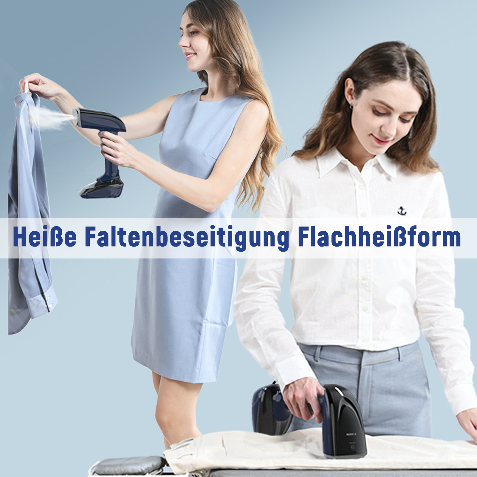 Zwei Frauen verwenden einen Handdampfer auf Kleidung. Text: Heisse Faltenbeseitigung Flachheißform - Heiße Faltenentfernung.