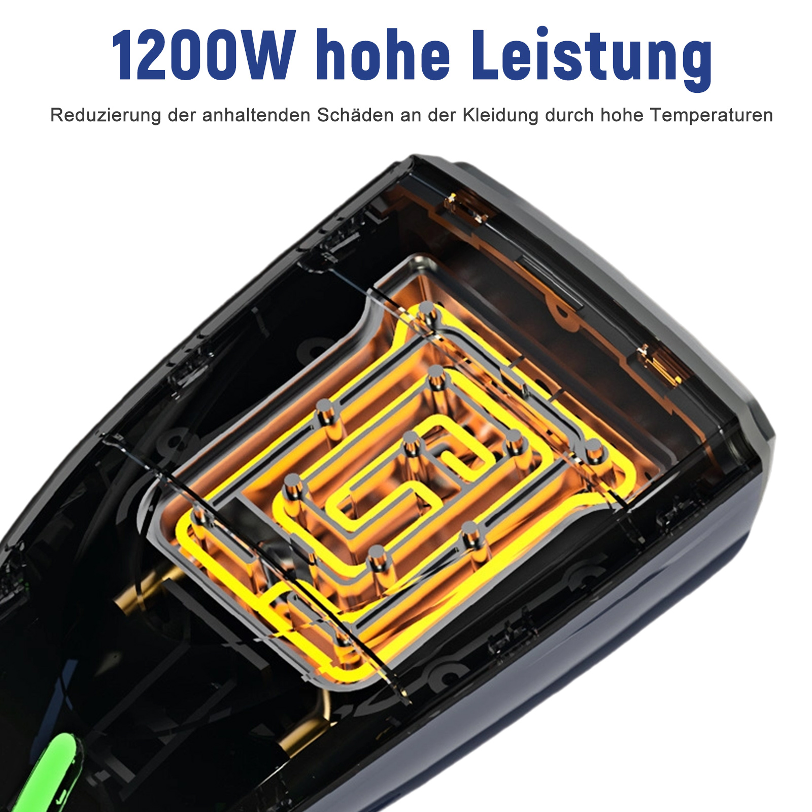 Nahaufnahme der inneren Funktionsweise eines schwarzen Bügeleisens. Text: 1200W hohe Leistung. Zeigt ein labyrinthartiges Heizelement.
