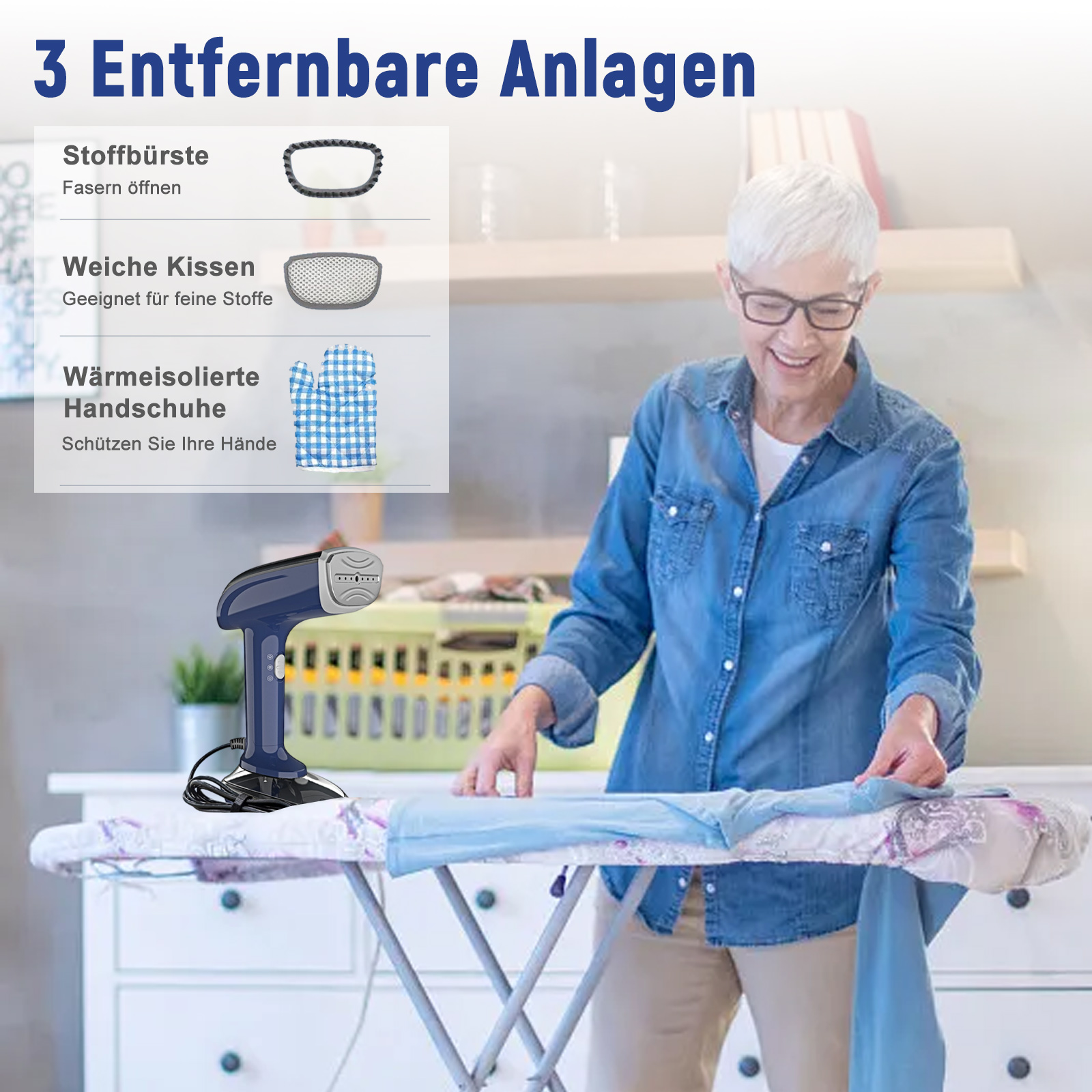 Eine Frau bügelt, mit drei Aufsätzen für das Bügeleisen. Text beschreibt die Aufsätze.