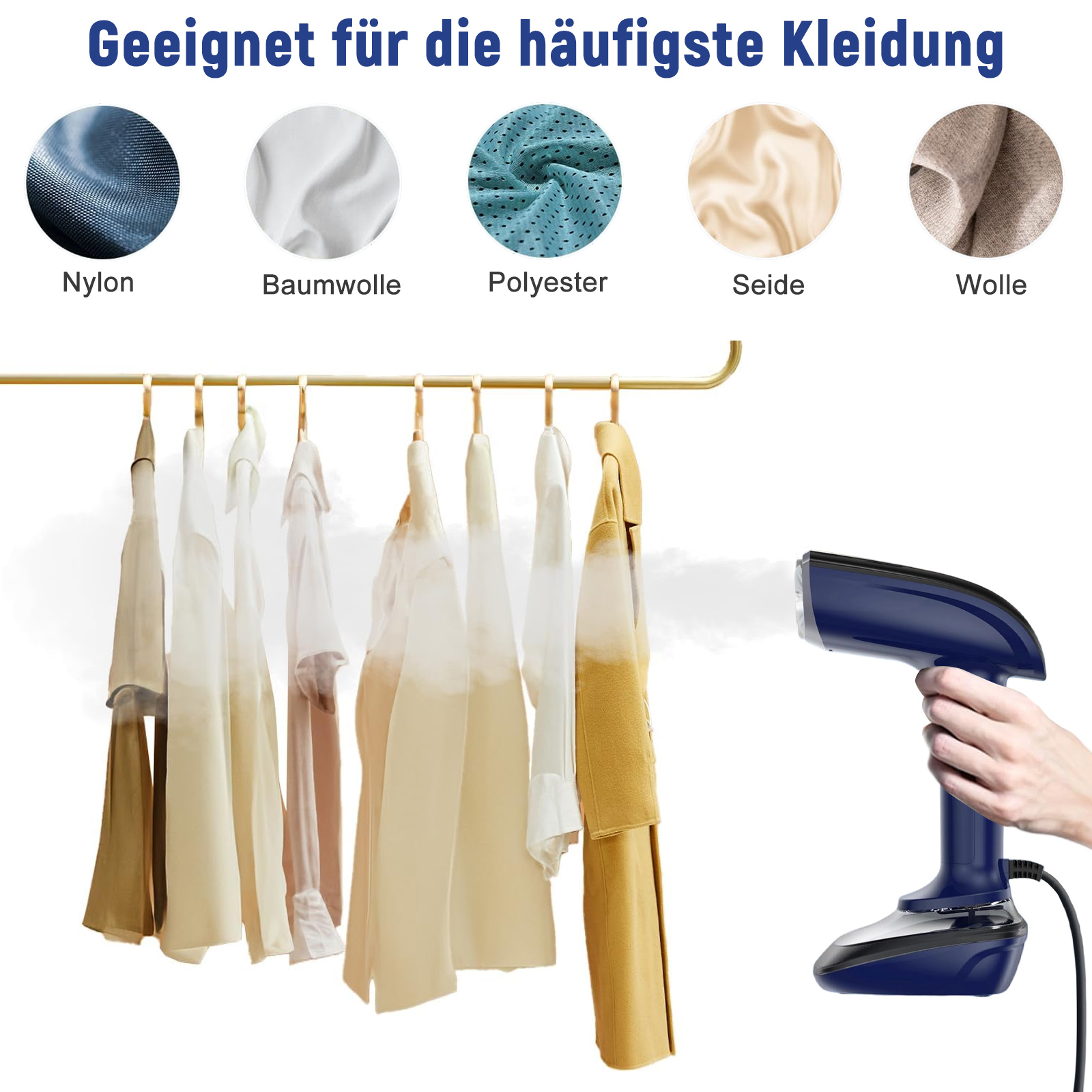 Das Bild zeigt einen tragbaren Kleidungsdampfer, der Kleidung dämpft, die an einem goldenen Gestell hängt, mit Stoffmustern darüber.