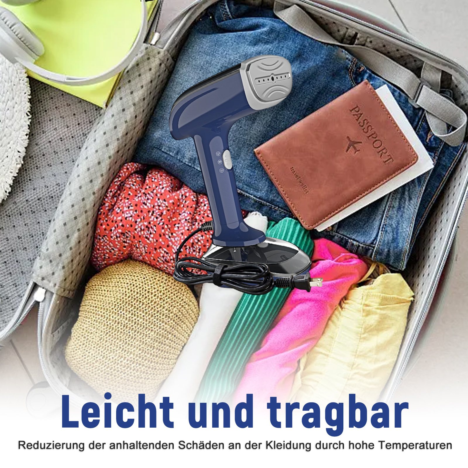 Ein Koffer ist mit Kleidung, einem Reisepass und einem Handdampfer gefüllt. Textüberlagerungen: Leicht und tragbar.