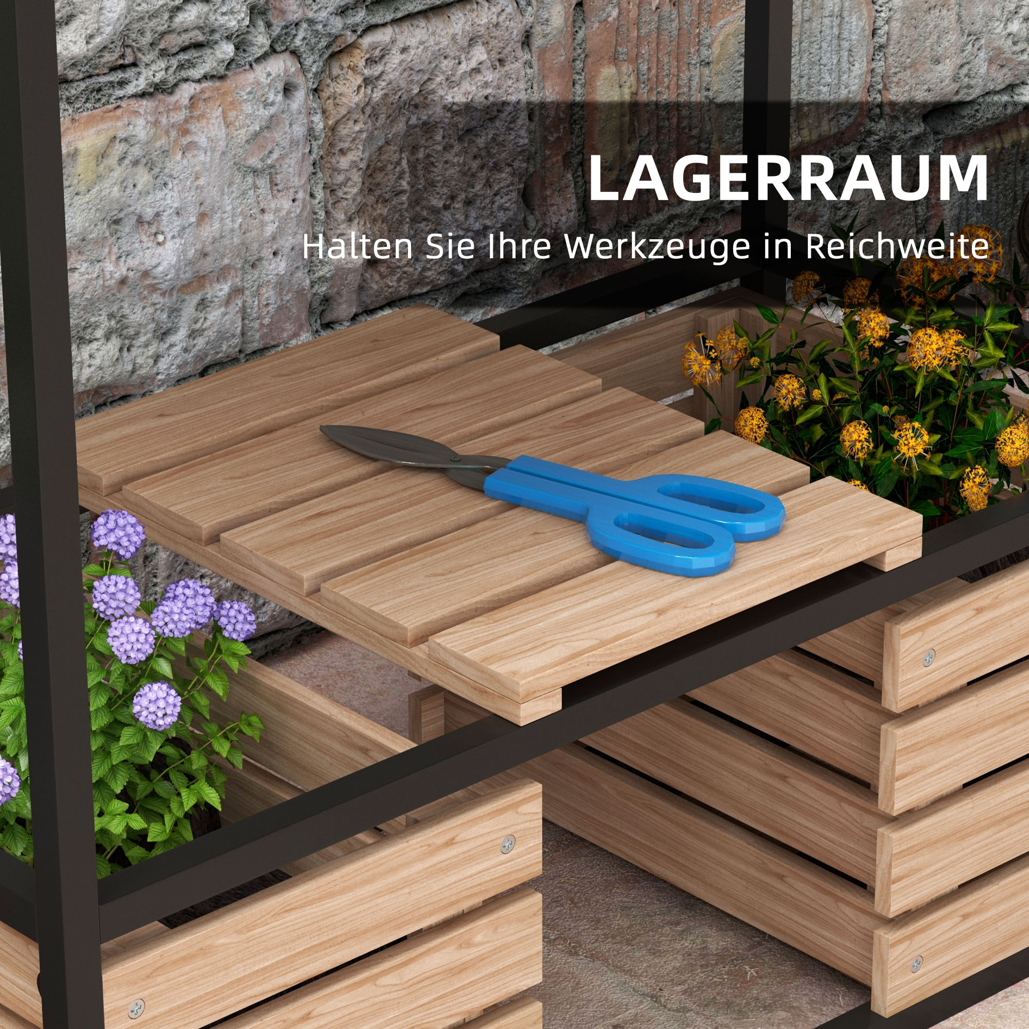 Holzregal mit Schere. Der Text 'LAGERRAUM' ist sichtbar, zusammen mit Pflanzen und einer Steinmauer.