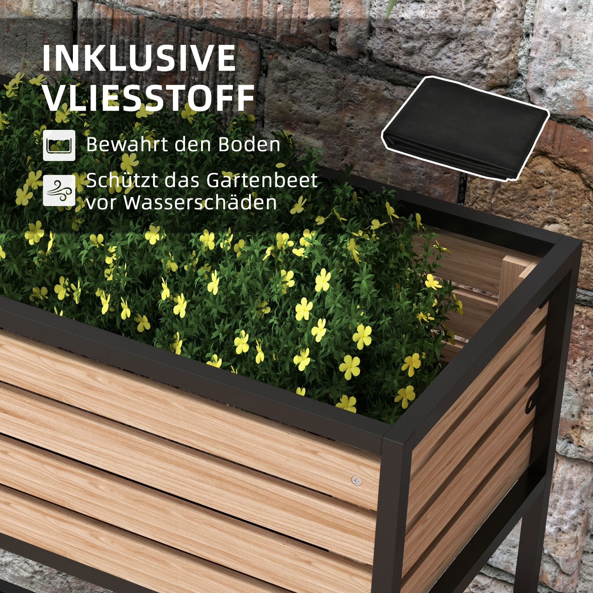 Ein hölzerner Pflanzkasten mit gelben Blumen, vor einer Ziegelmauer, der eine natürliche Ästhetik zeigt.