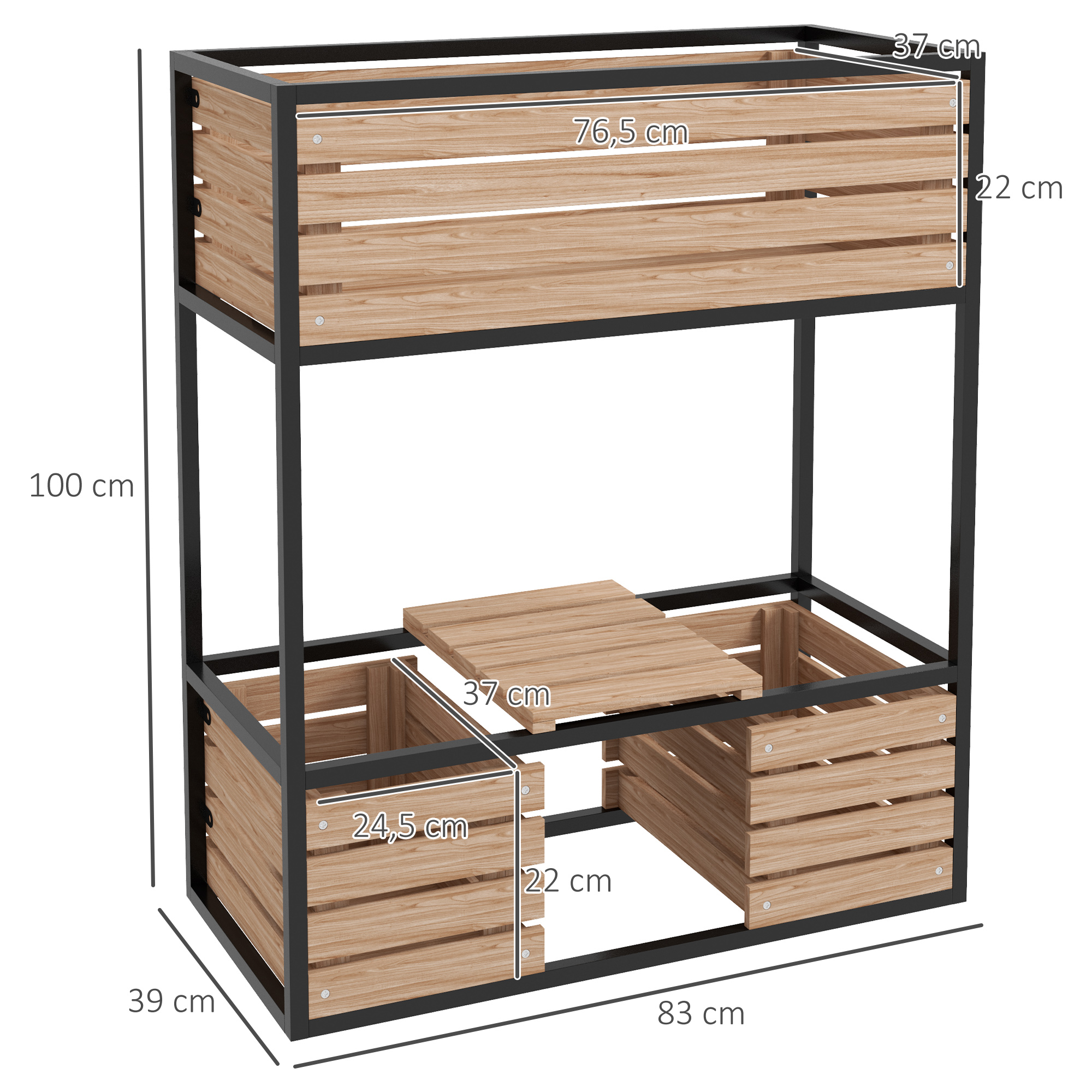 Eine Holz- und Metallstruktur mit beschrifteten Abmessungen, die ein zweistufiges Design und modulare Komponenten zeigt.