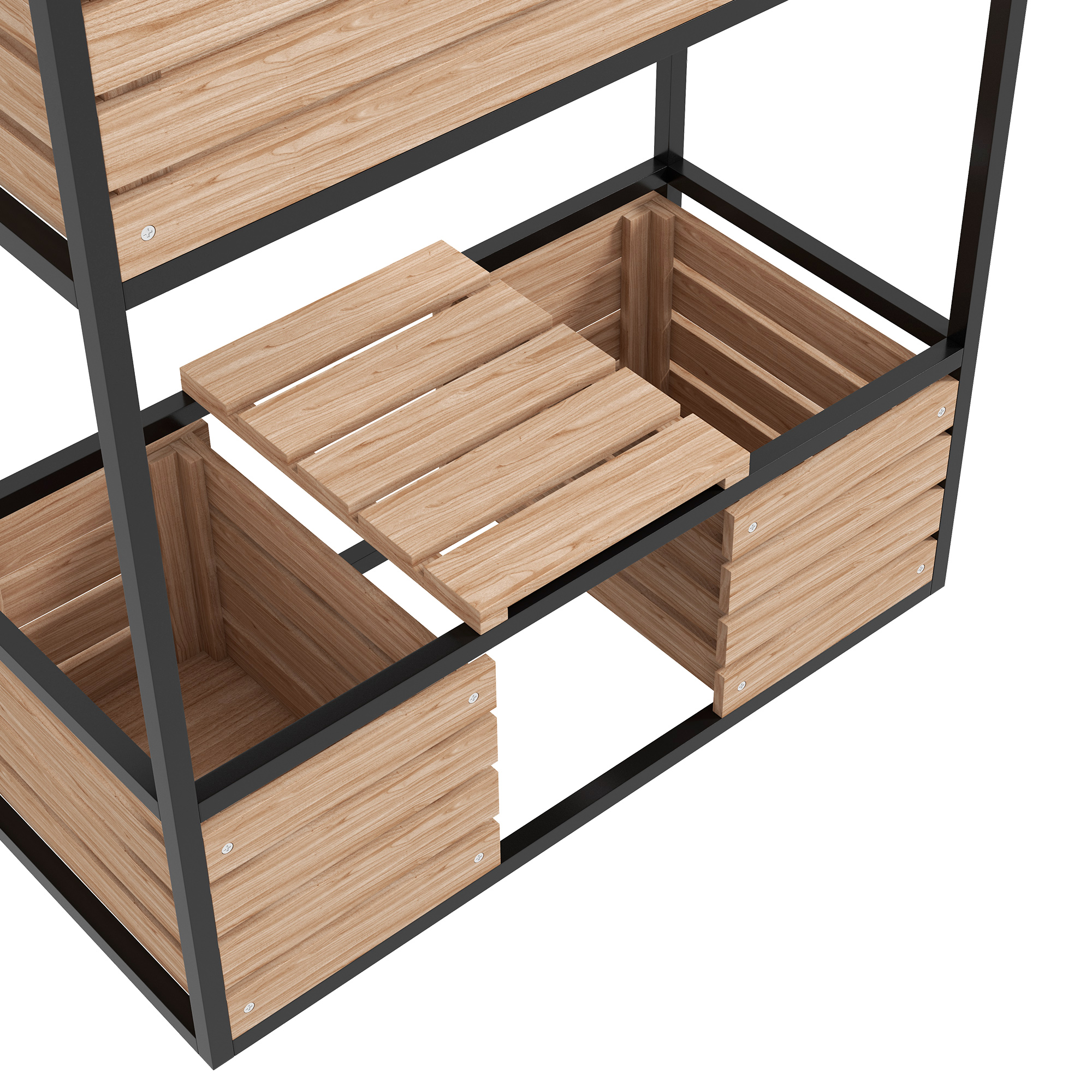 Eine Nahaufnahme eines Regalgestells aus Holz und Metall, die das Lamellenholzdesign und den schwarzen Metallrahmen hervorhebt.