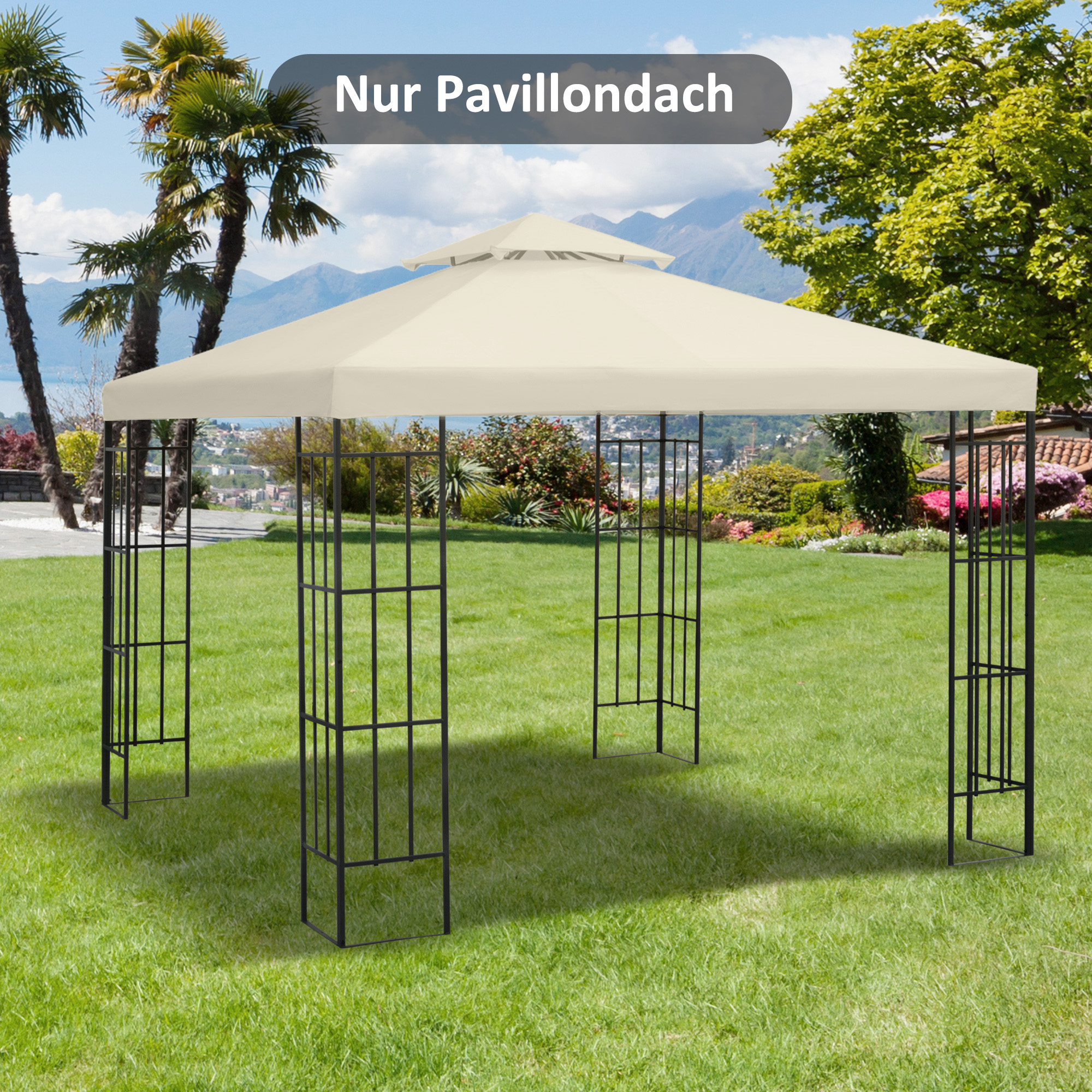 Ein beigefarbener Pavillon auf grünem Gras. Der Hintergrund zeigt Bäume und Berge unter blauem Himmel.