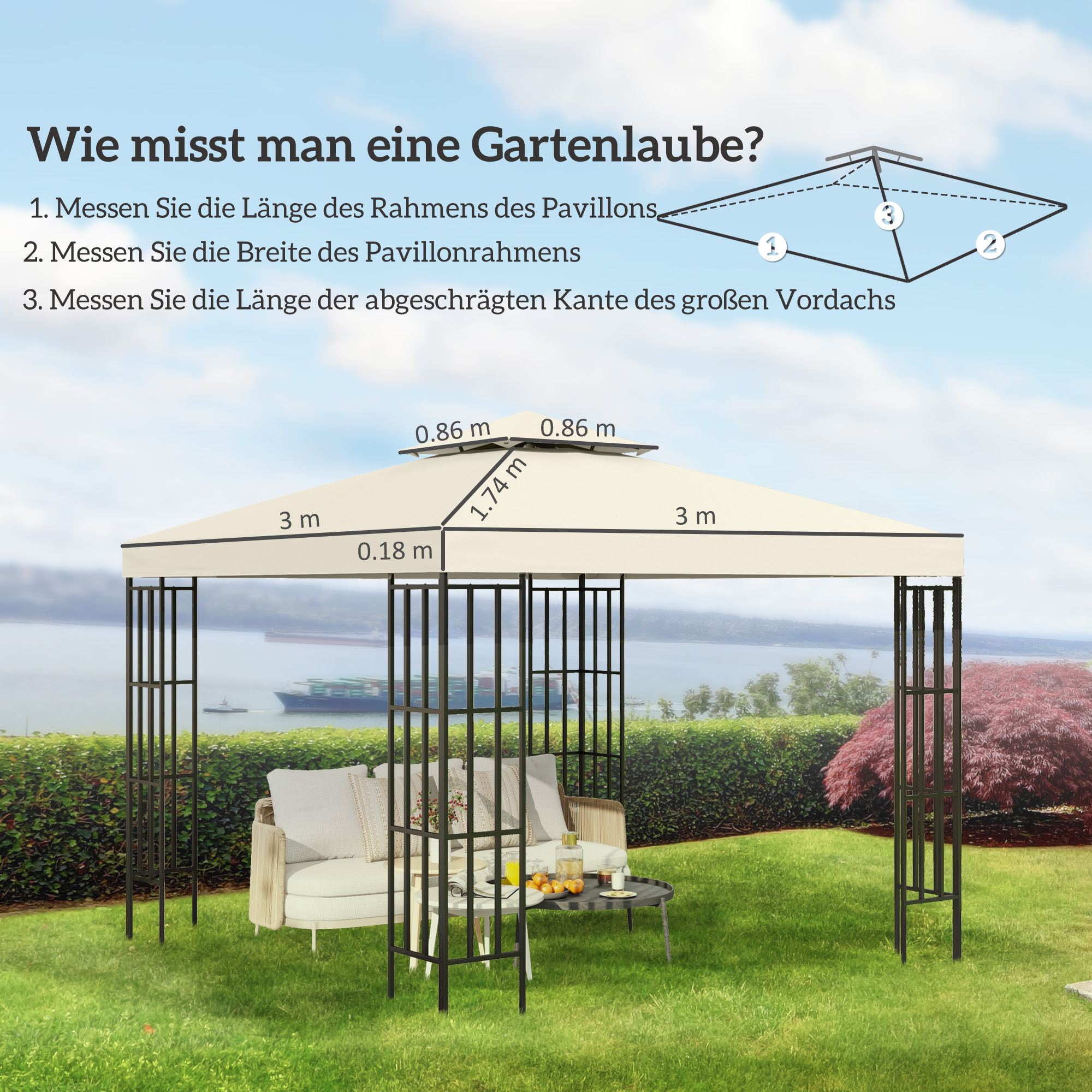 Diagramm eines Pavillons mit Abmessungen. Enthält Text auf Deutsch zur Messung des Pavillons.