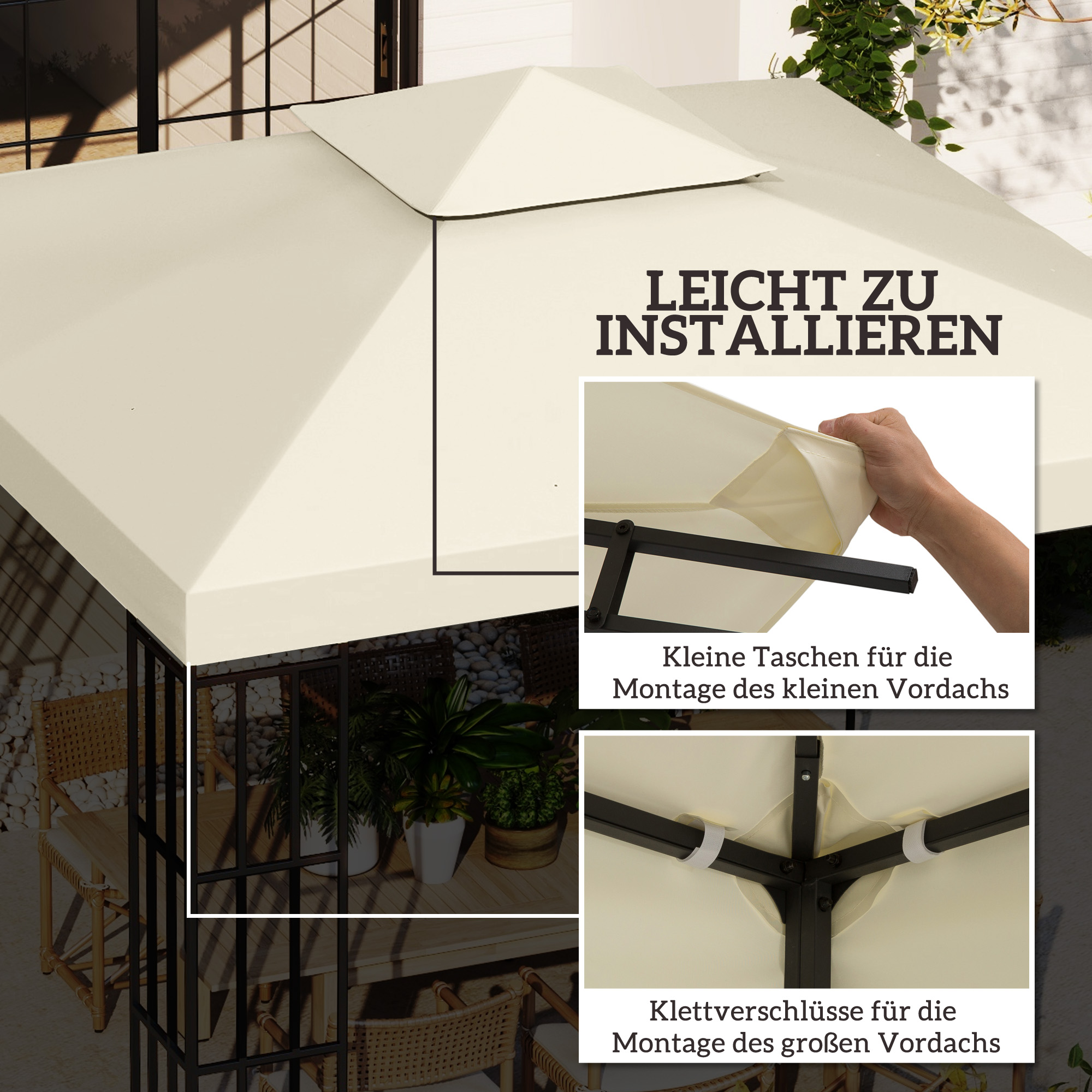 Ein beiger Baldachin mit schwarzem Rahmen, Nahaufnahme der Installationsdetails mit Stofftaschen und Klettbändern.
