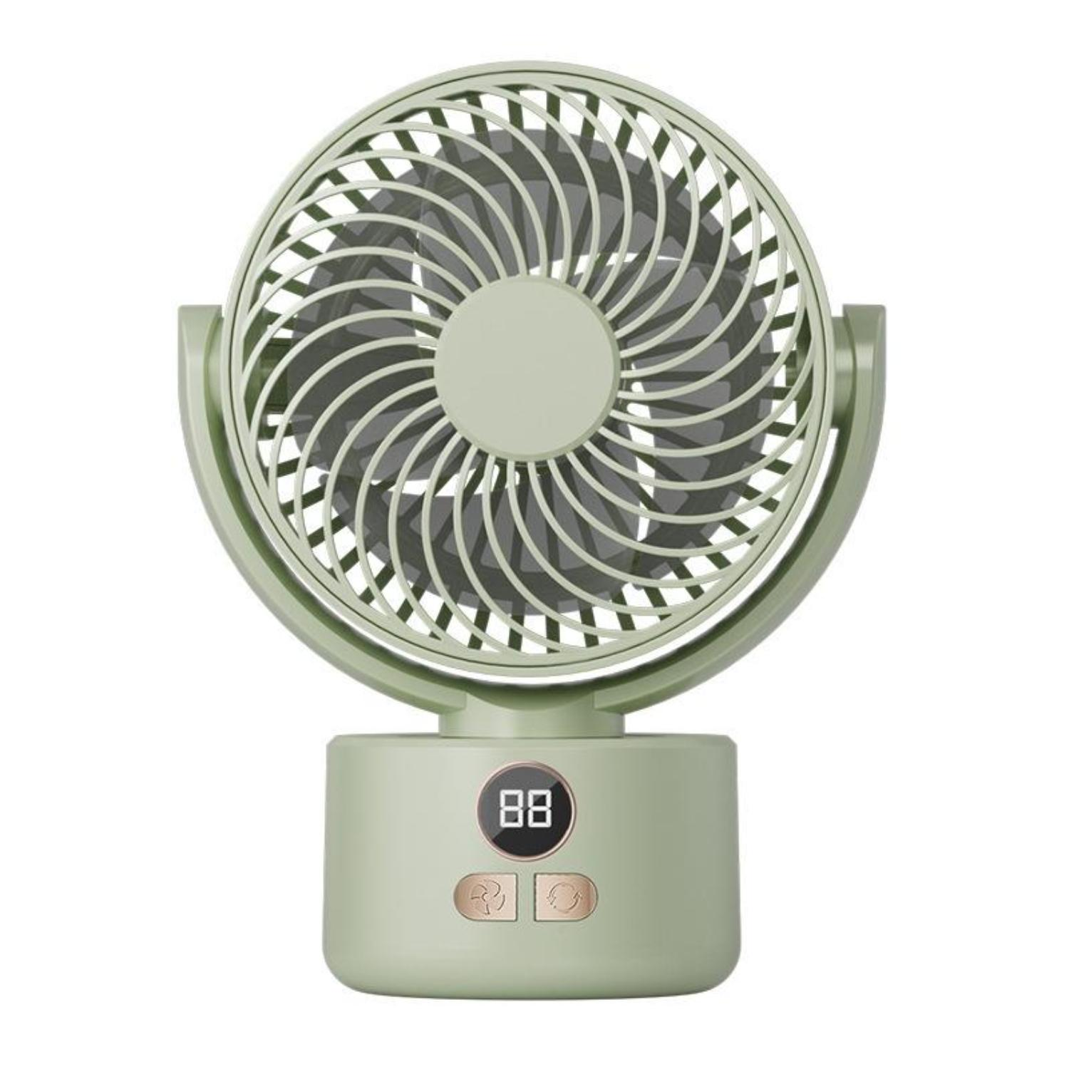 Ein grüner Ventilator mit rundem Sockel. Er hat eine Digitalanzeige und zwei Knöpfe am Sockel.