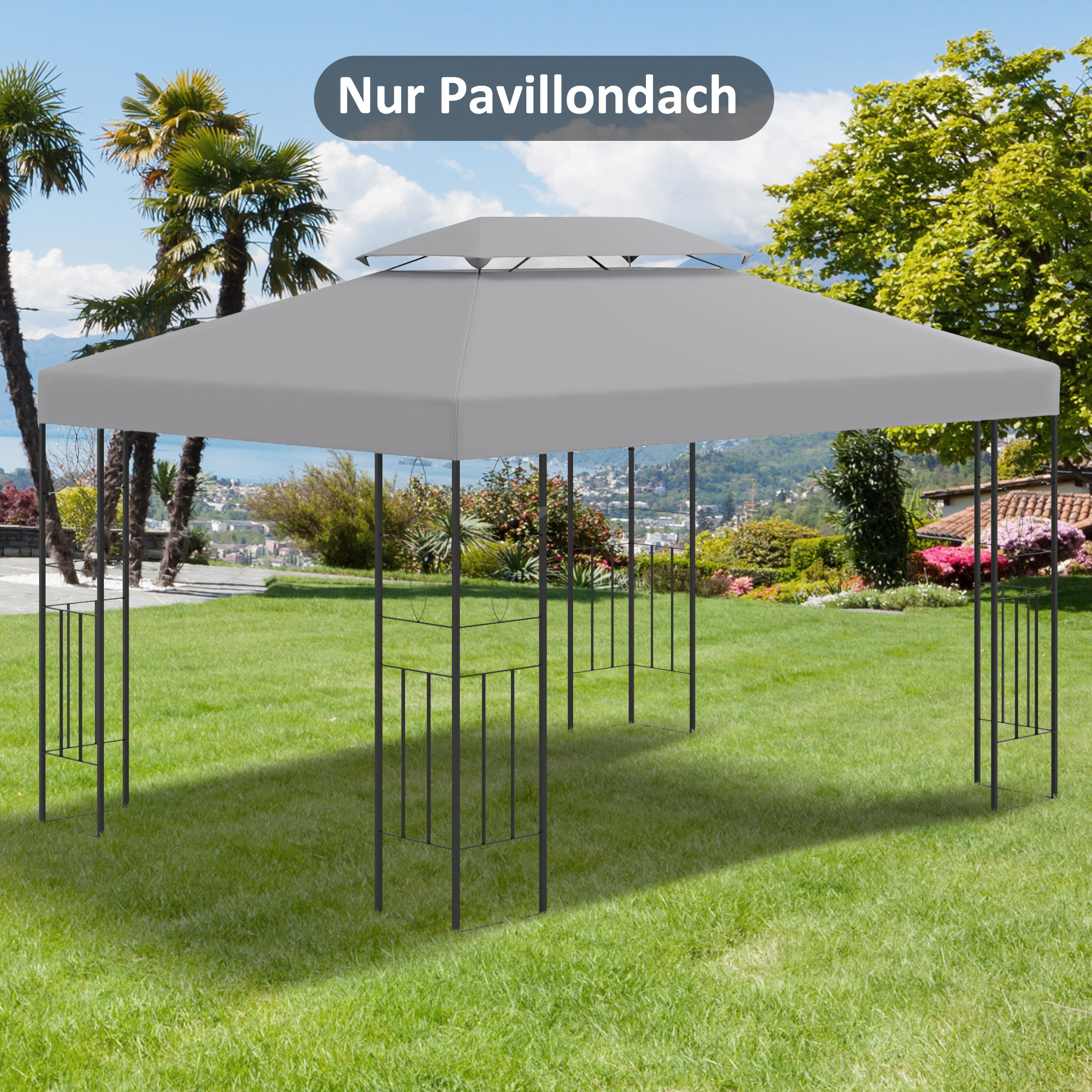 Grauer Pavillon auf einer Rasenfläche. Text auf Deutsch lautet 'Nur Pavillondach'. Palmen im Hintergrund.