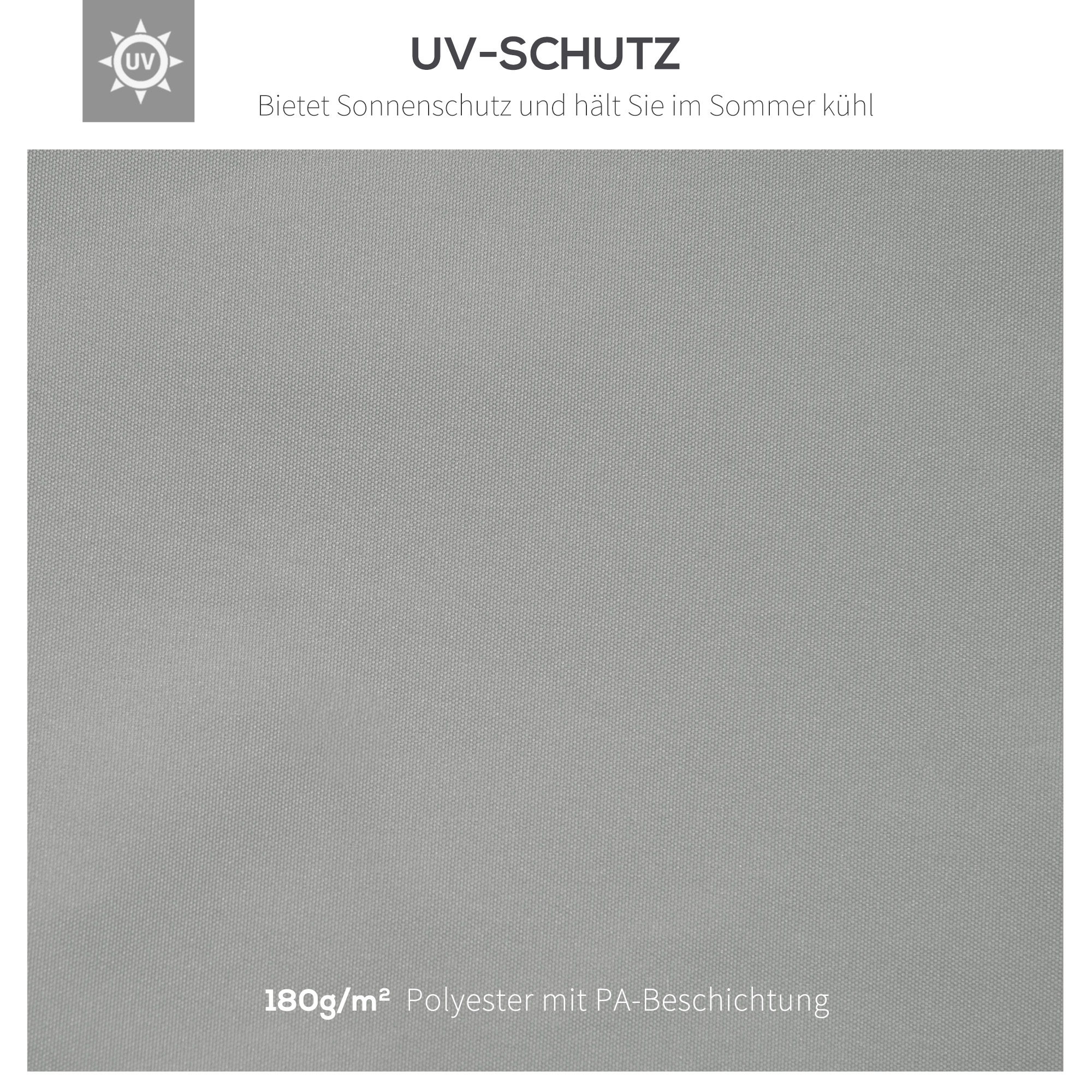 Grauer Stoff mit UV-Schutz-Text. Zeigt eine Nahaufnahme des Materials. Text auf Deutsch.
