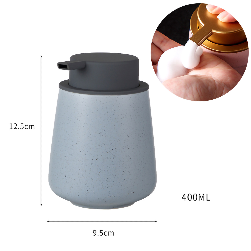 Seifenspender mit grauem Deckel, der Seife abgibt. Zeigt Abmessungen, mit einem Fassungsvermögen von 400 ml.