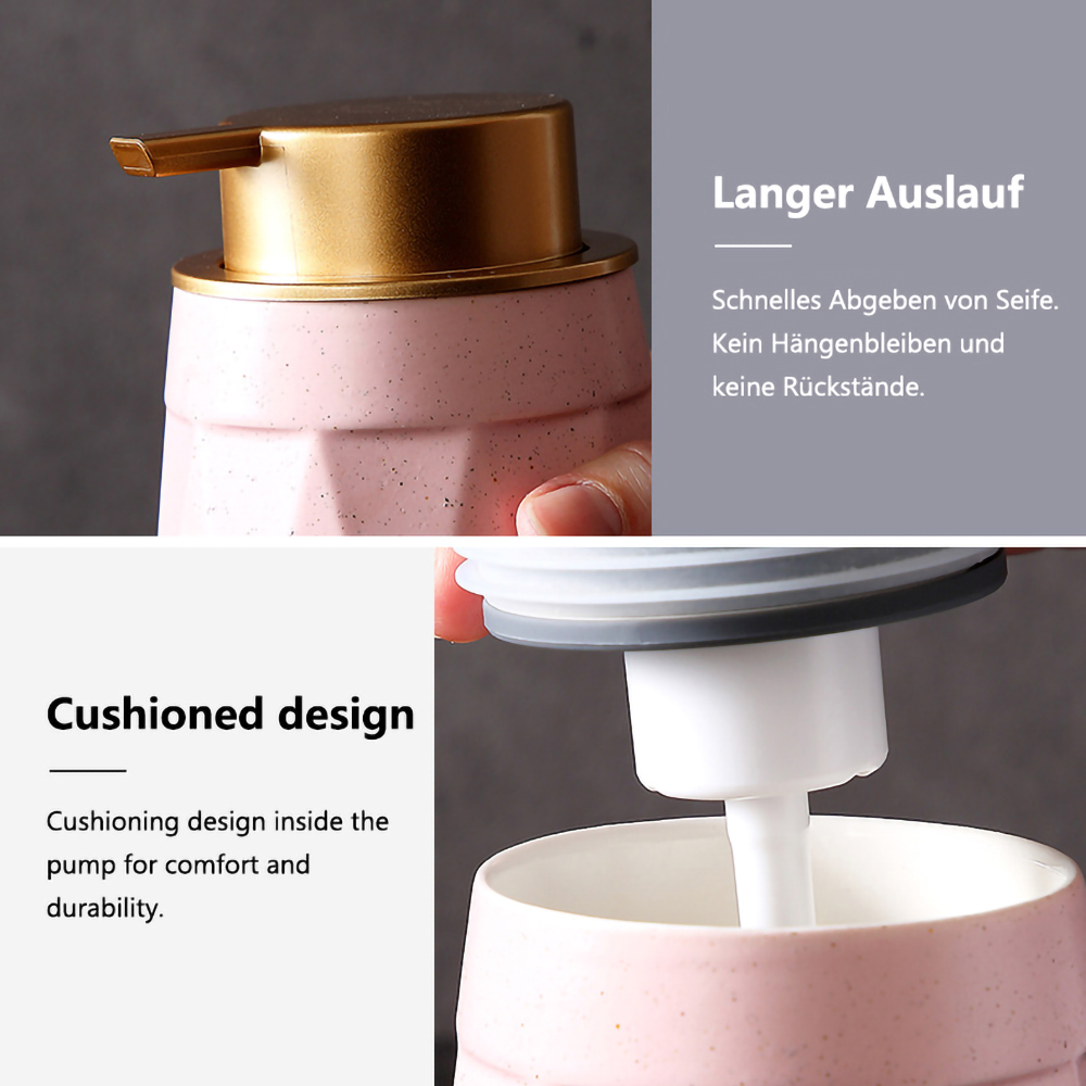 Nahaufnahme des rosa Seifenspenders. Text sagt 'Cushioned design' und 'Langer Auslauf'.