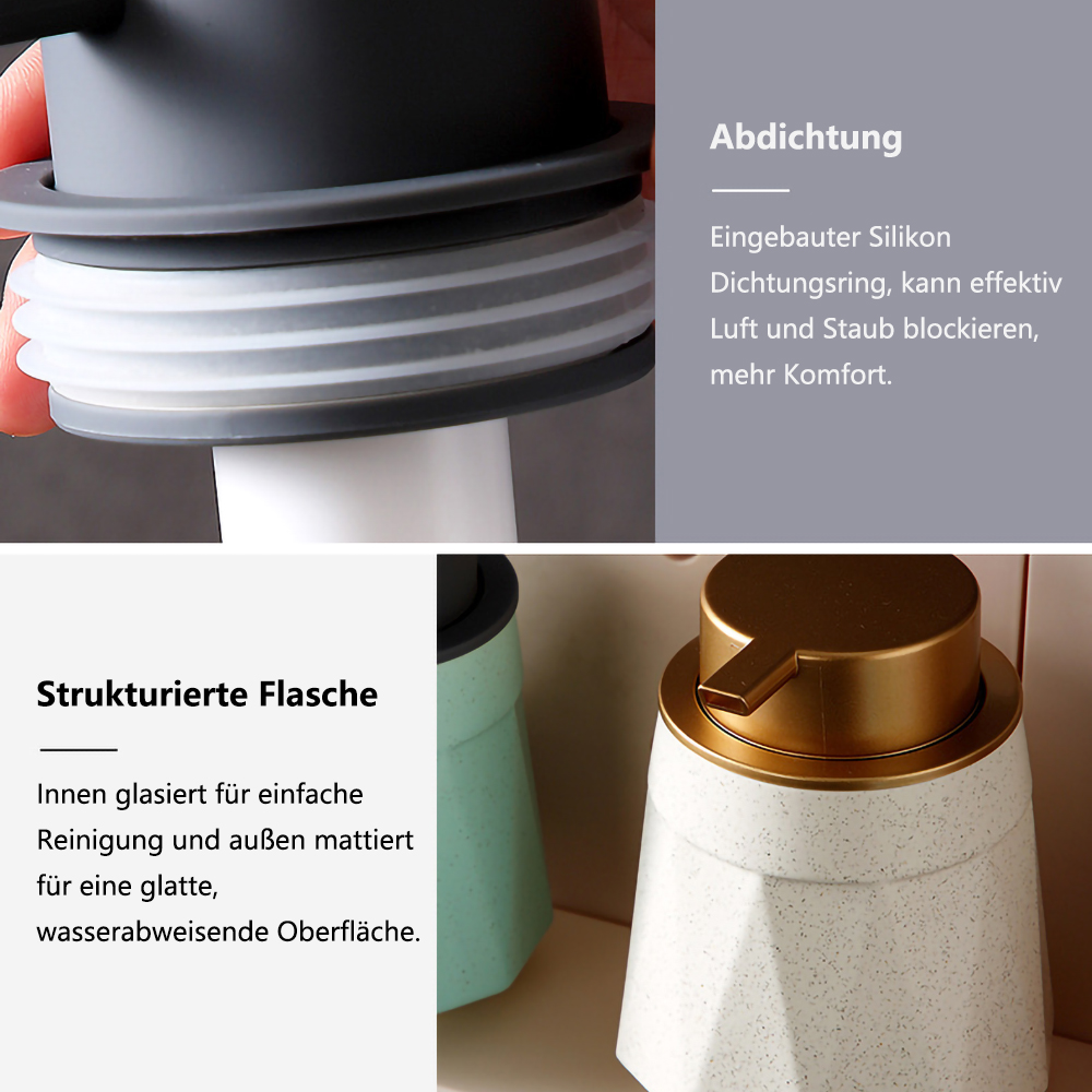 Detaillierte Bilder, die die Abdichtung und Textur von Seifenspendern zeigen, mit Text auf Deutsch.