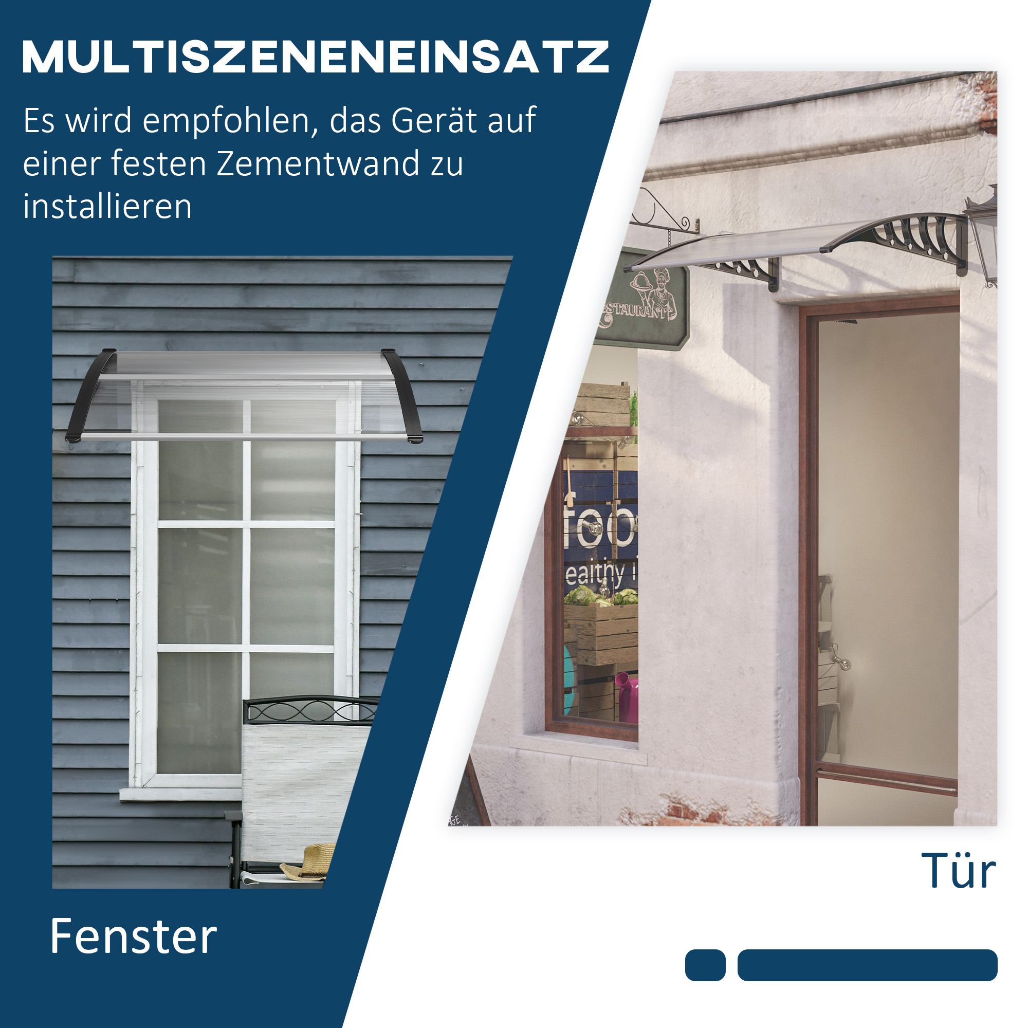 Ein geteiltes Bild. Links: eine graue Hauswand und ein Fenster. Rechts: ein Gebäude mit Tür und Markise.