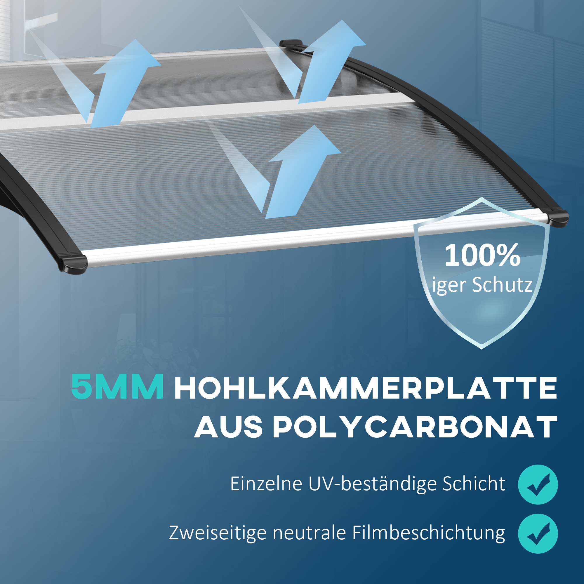 Eine schwarz gerahmte, klare Markise mit Pfeilen und Text, die Schutz und UV-Beständigkeit anzeigt.