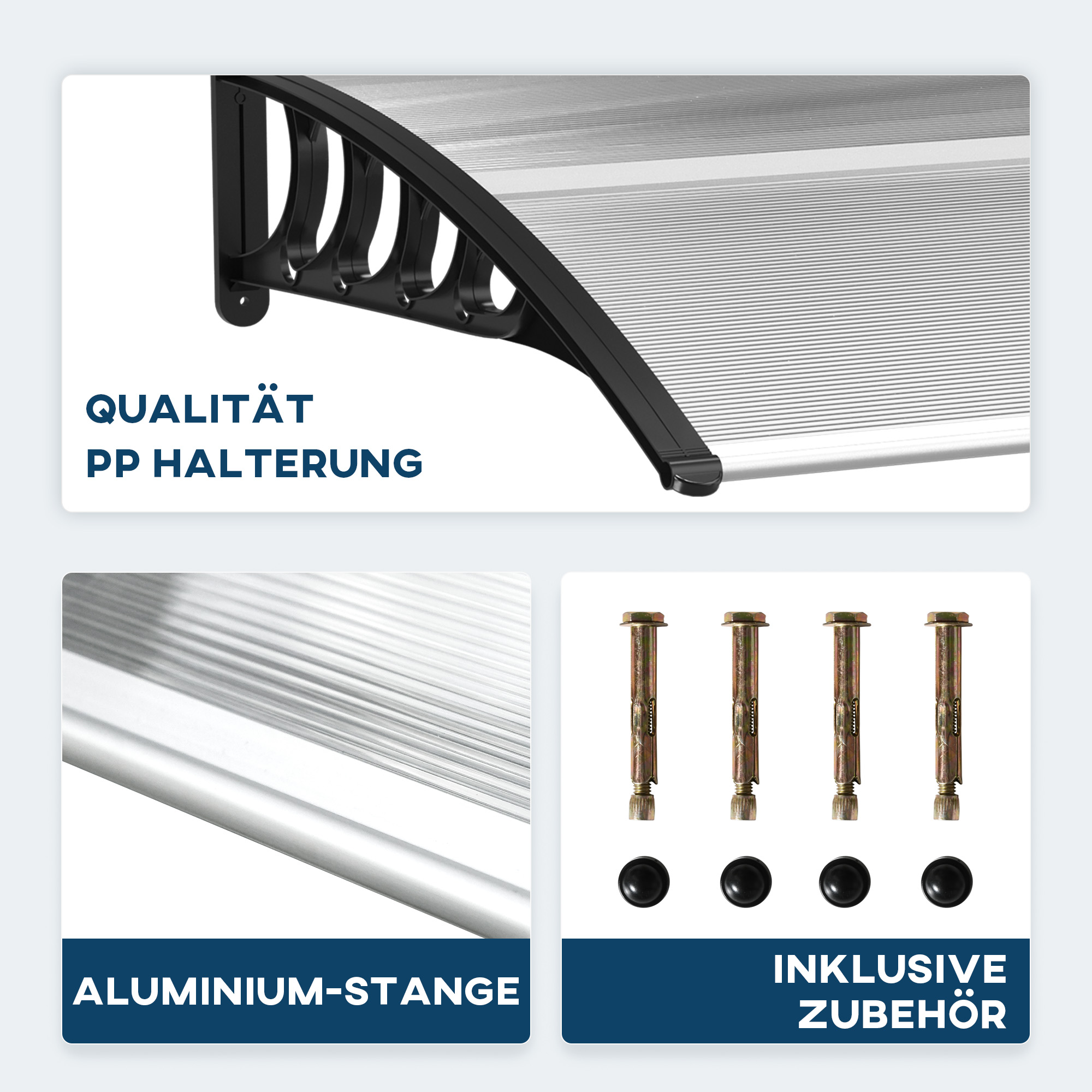 Nahaufnahme einer Aluminium-Markise. Merkmale sind die PP-Halterung, die Aluminiumstange und das Zubehör.