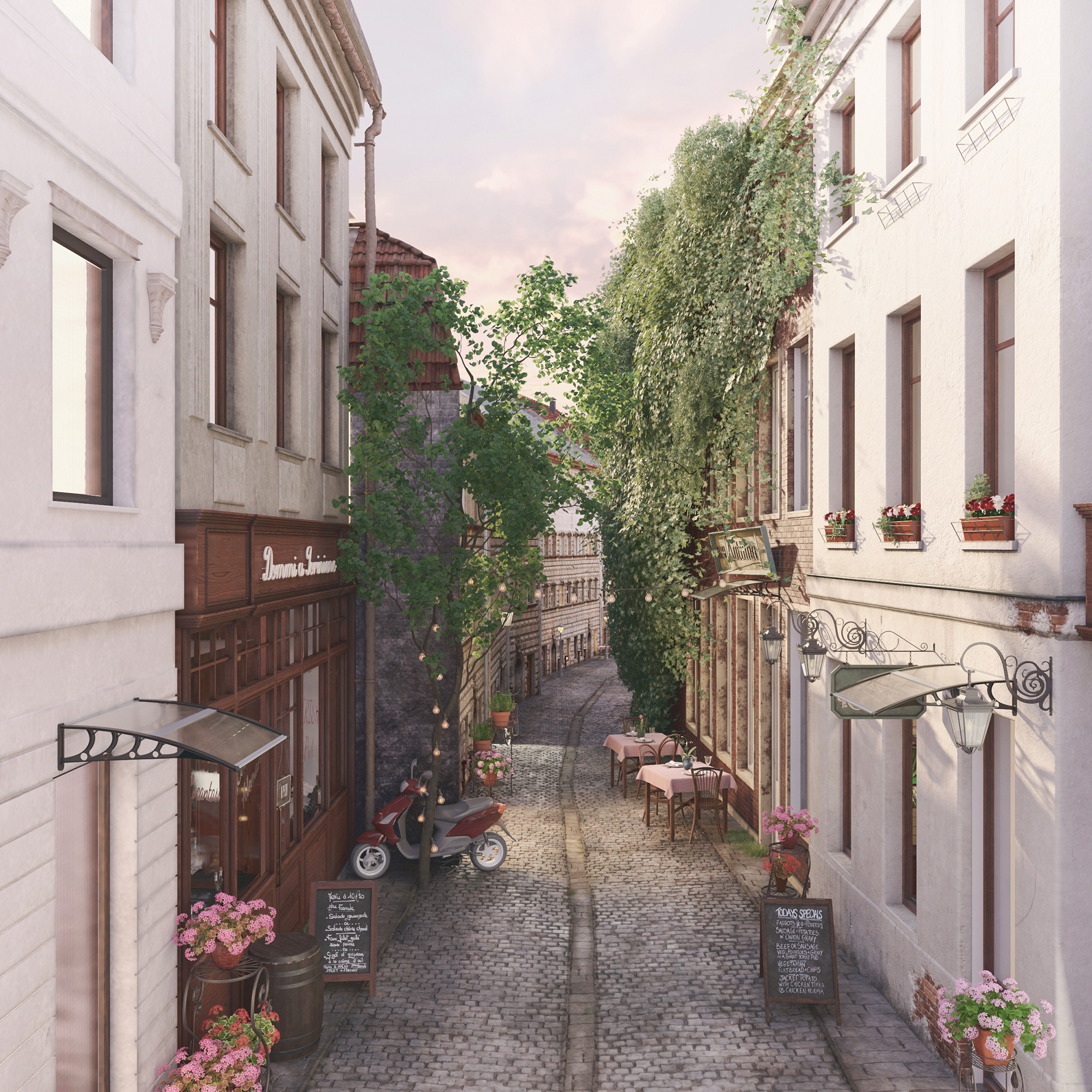 Enge Gasse mit Geschäften, Tischen und einem Roller unter bewölktem Himmel.