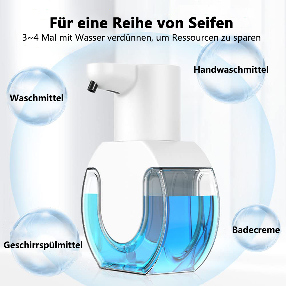 Automatischer Seifenspender mit blauer Flüssigkeit, weißem Gehäuse und beschrifteten Kreisen darum herum.