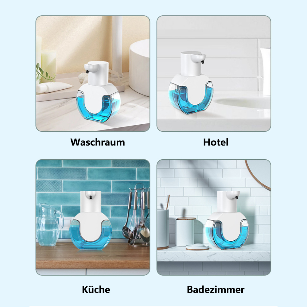 Vier Bilder eines weißen und blauen Seifenspenders in Waschraum, Hotel, Küche und Badezimmer.