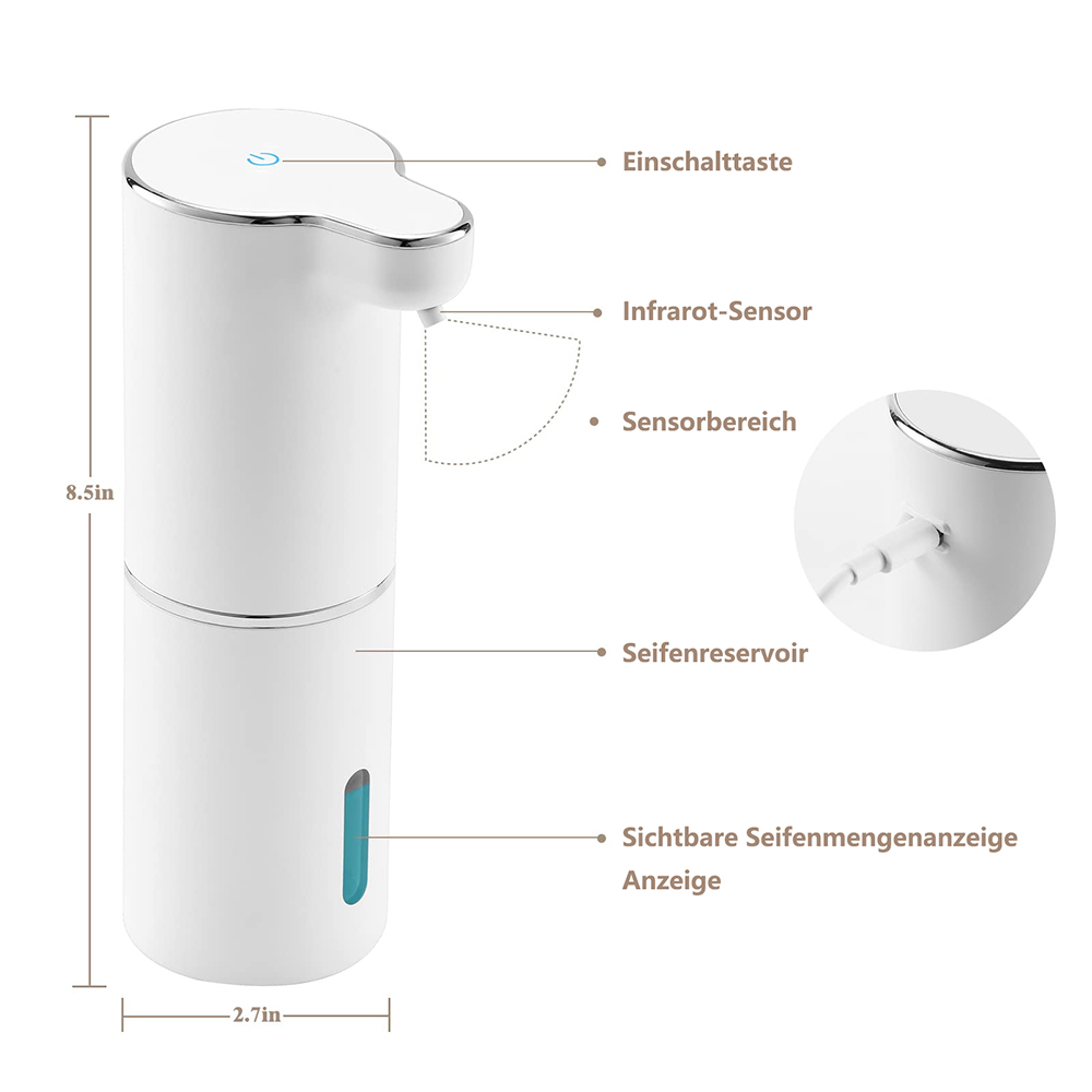 Diagramm eines automatischen Seifenspenders mit Abmessungen, Sensorbereich und Ladeanschluss.