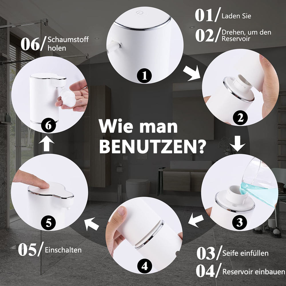Diagramm mit Schritten zur Verwendung eines weißen, automatischen Seifenspenders. Enthält Text auf Deutsch.