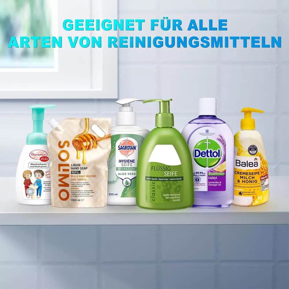 Verschiedene Seifenflaschen auf einem Regal, mit Text oben.