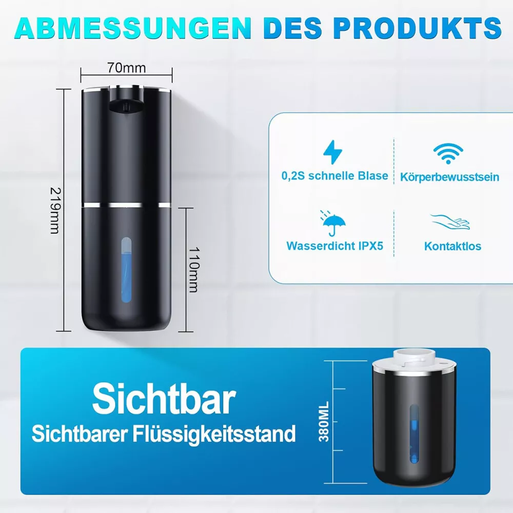 Ein schwarzer Seifenspender mit Maßen, Beschriftung und Details zu seinen Funktionen.