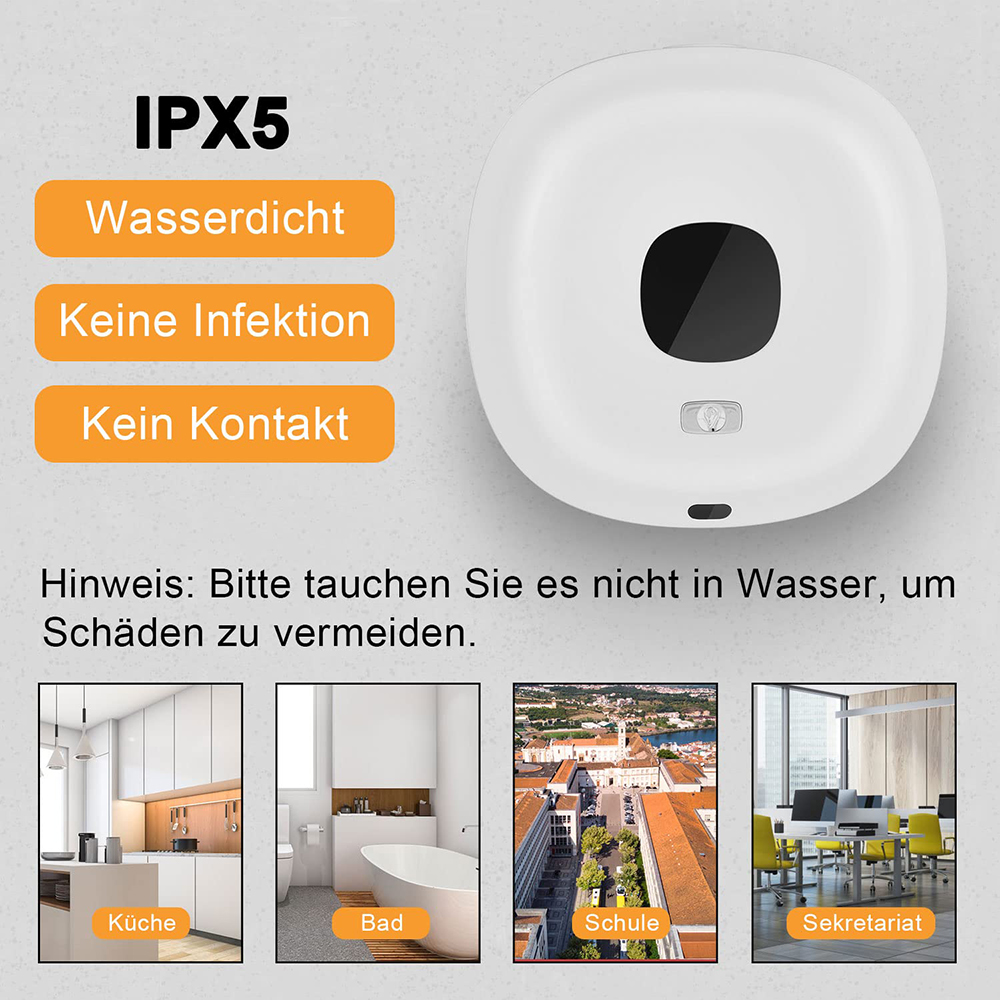 Weißer automatischer Seifenspender mit deutschem Text, der Anwendungsfälle und Warnungen zeigt.