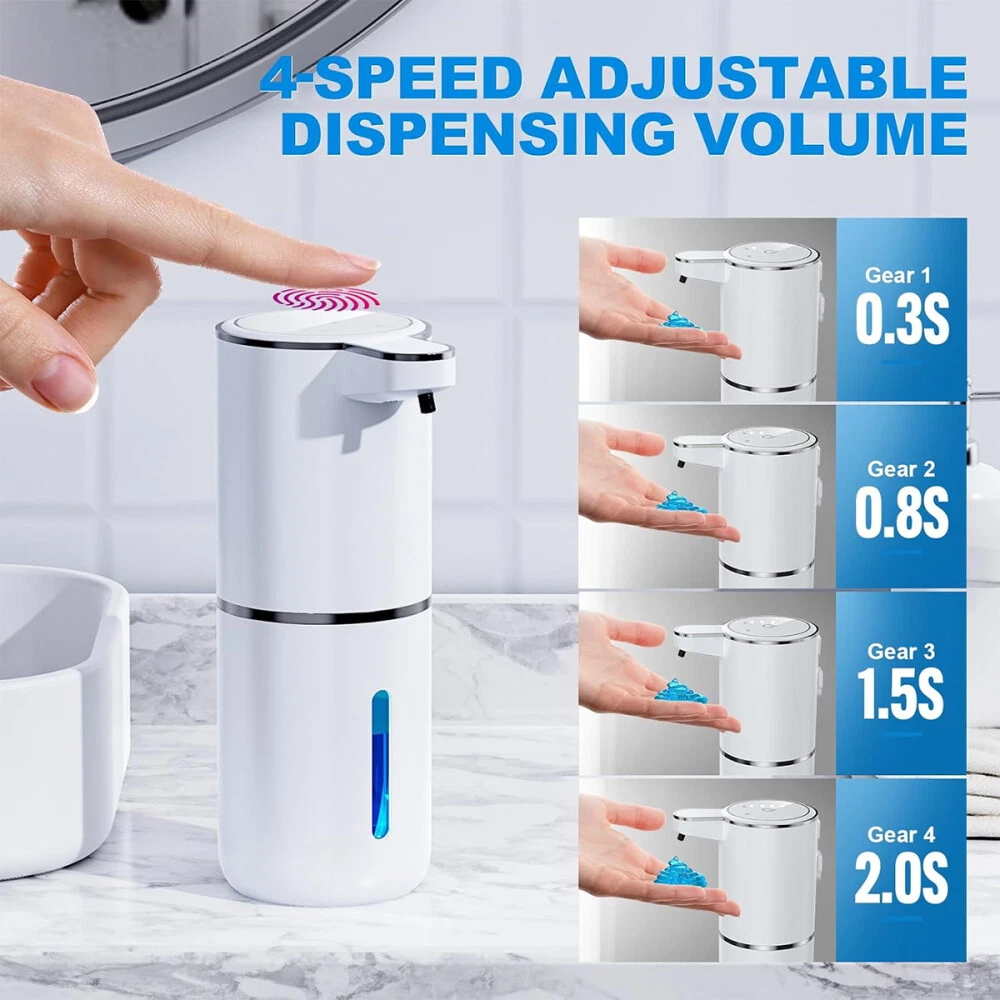 Automatischer Seifenspender mit Hand, die Seife empfängt. Zeigt verschiedene Dosierungsvolumeneinstellungen.