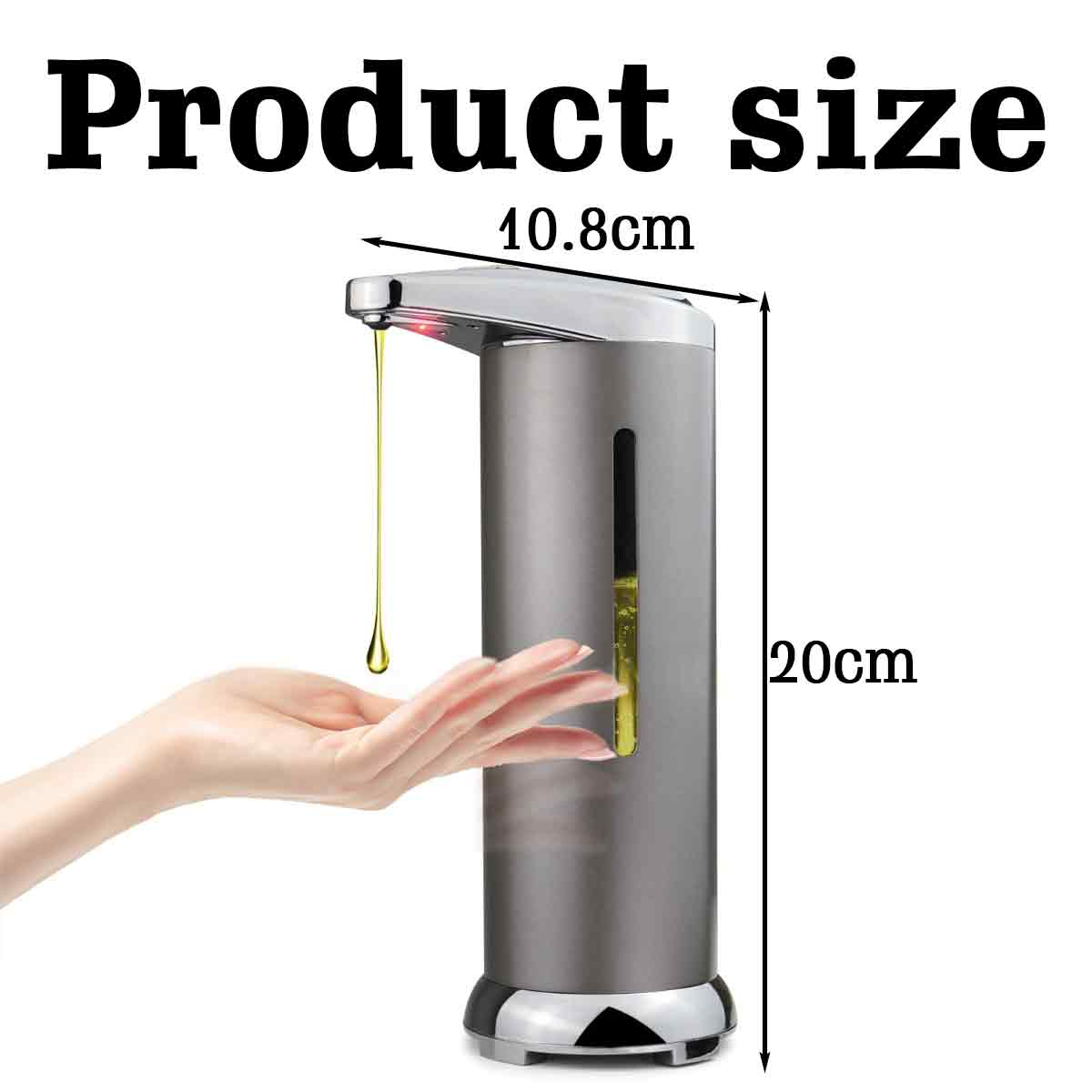 Produktgrößen-Grafik eines silbernen Seifenspenders mit einer Hand darunter. Abmessungen sind 10,8 cm x 20 cm.