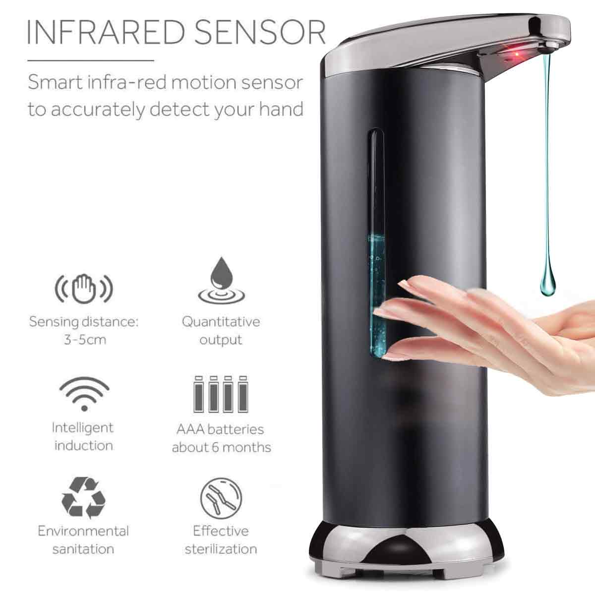 Schwarzer, automatischer Seifenspender mit Infrarotsensor. Text hebt Funktionen hervor, Hand unter Spender.