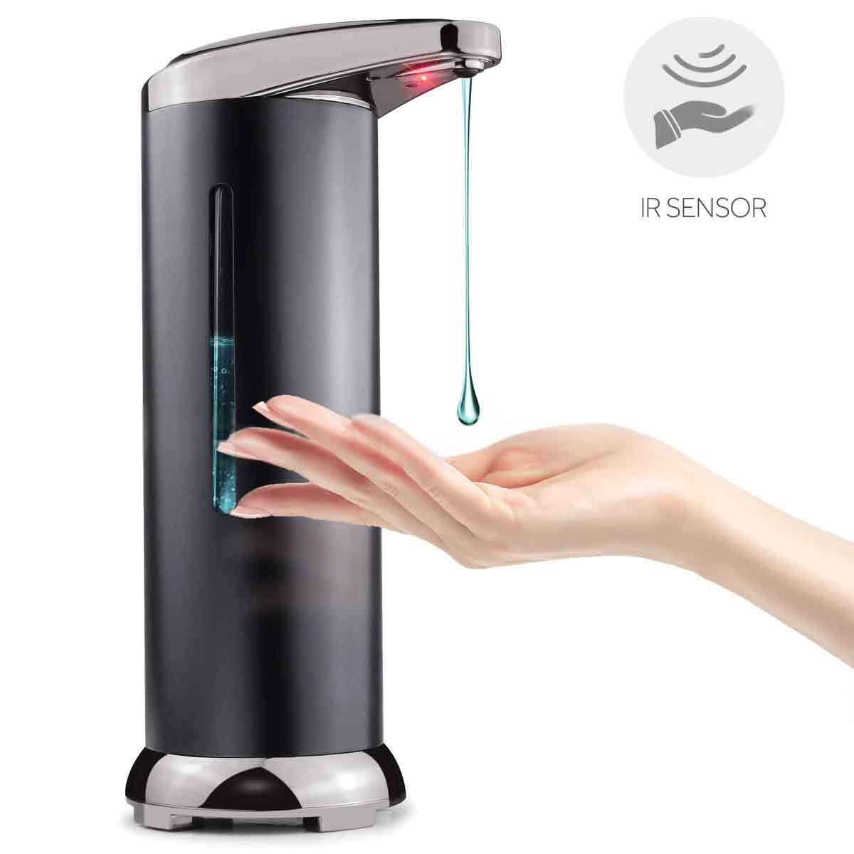 Schwarzer und silberner Seifenspender, Hand, 'IR Sensor' Symbol.