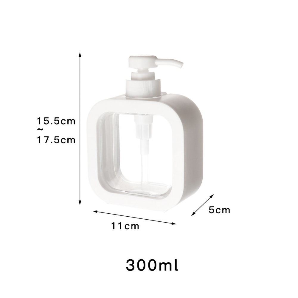 Weißer Seifenspender mit Maßen und 300ml-Etikett vor weißem Hintergrund.