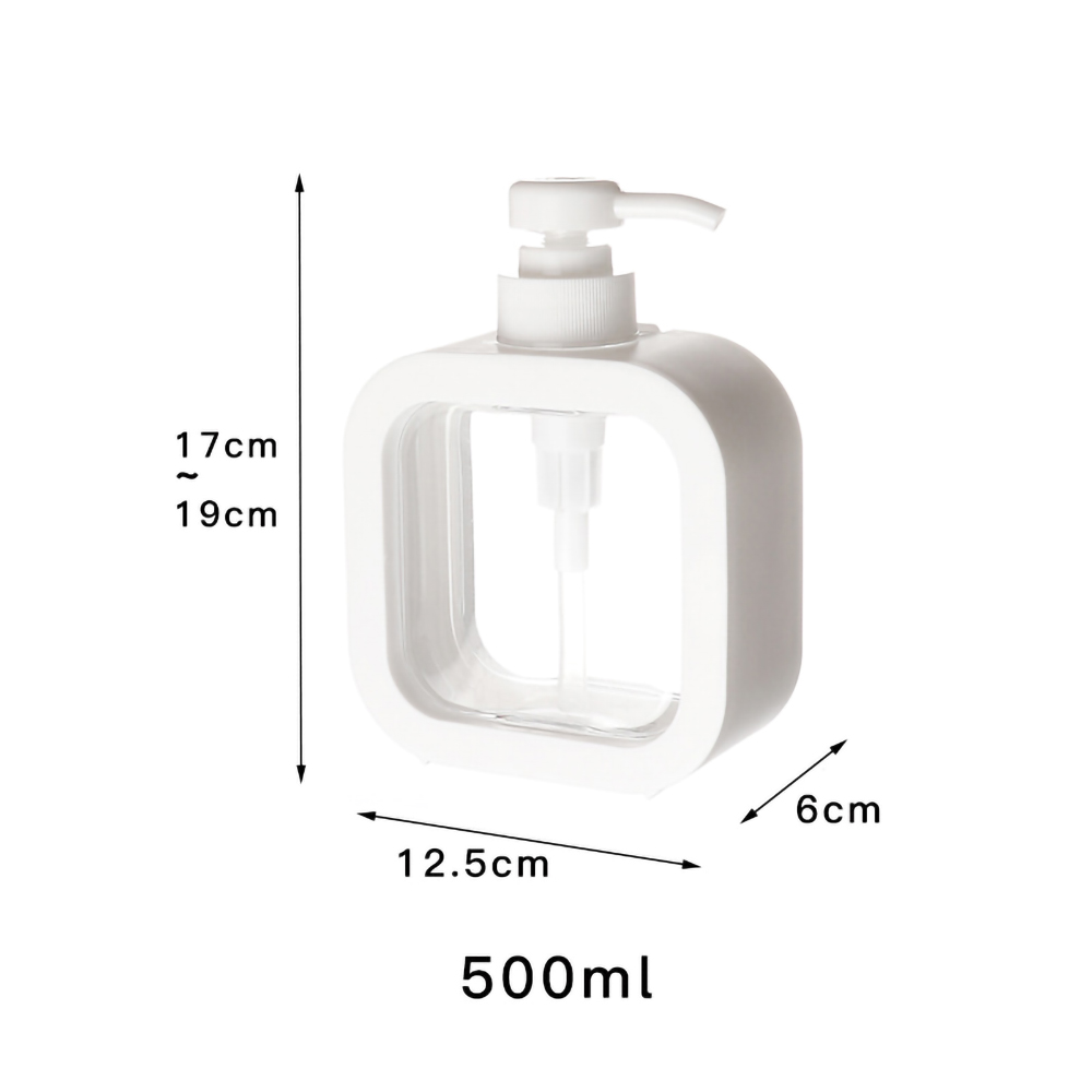 Ein weißer, quadratischer Seifenspender mit beschrifteten Abmessungen. Er zeigt 500 ml an.