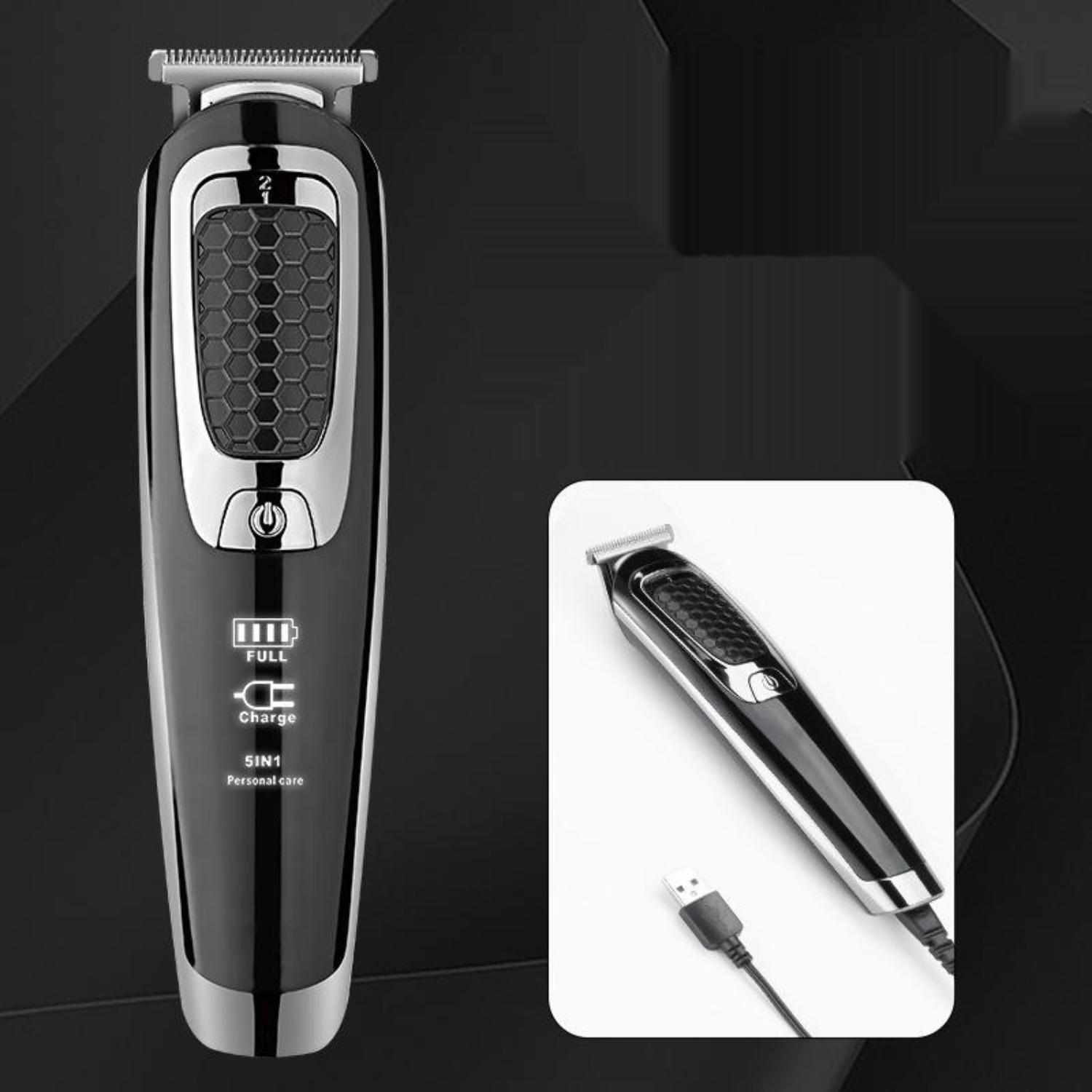 Schwarzer elektrischer Trimmer und ein kleinerer. Der Trimmer hat eine Taste und eine Akkuanzeige.