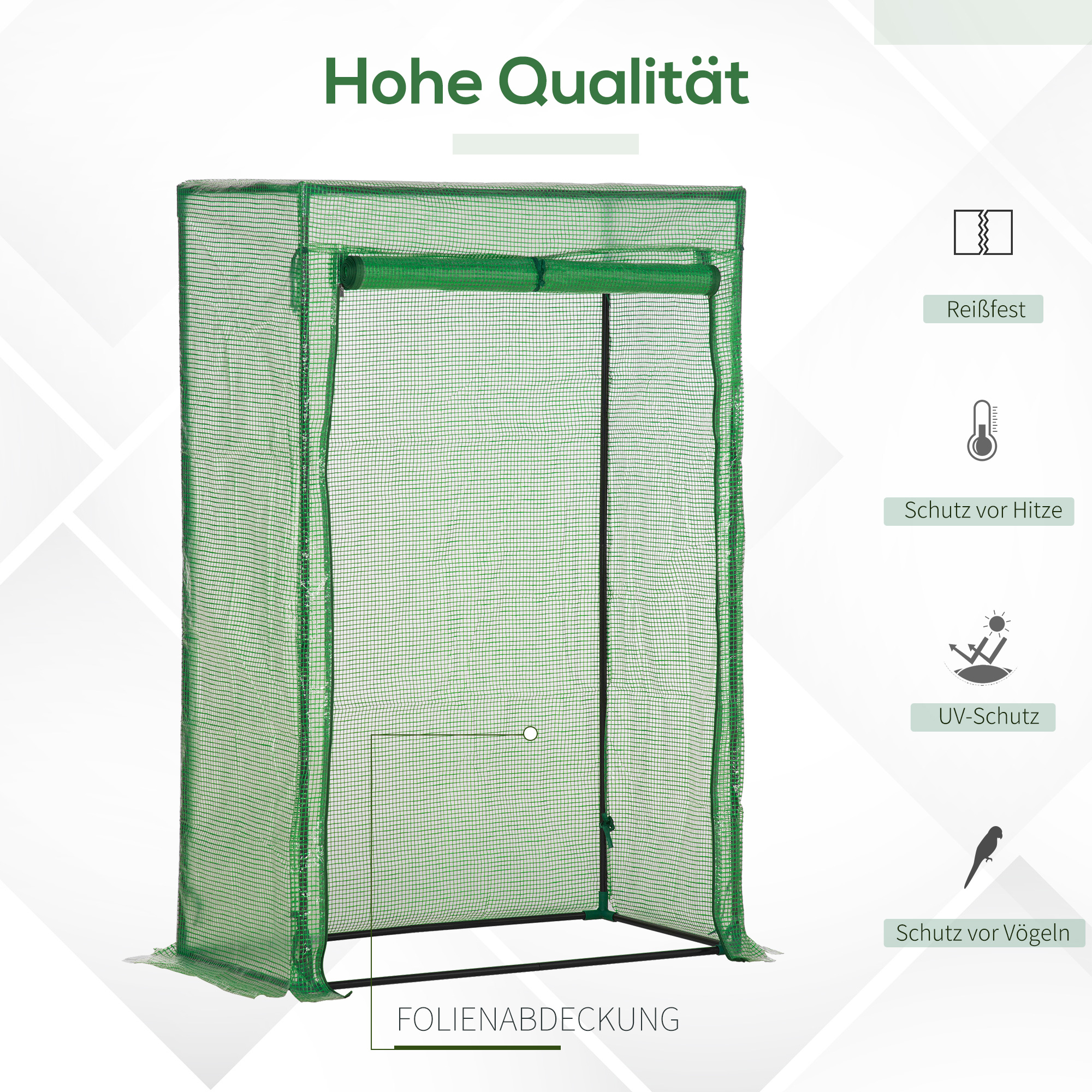 Grünes Gewächshaus mit Etiketten für Reißfestigkeit, Hitzeschutz, UV-Schutz und Vogelschutz.
