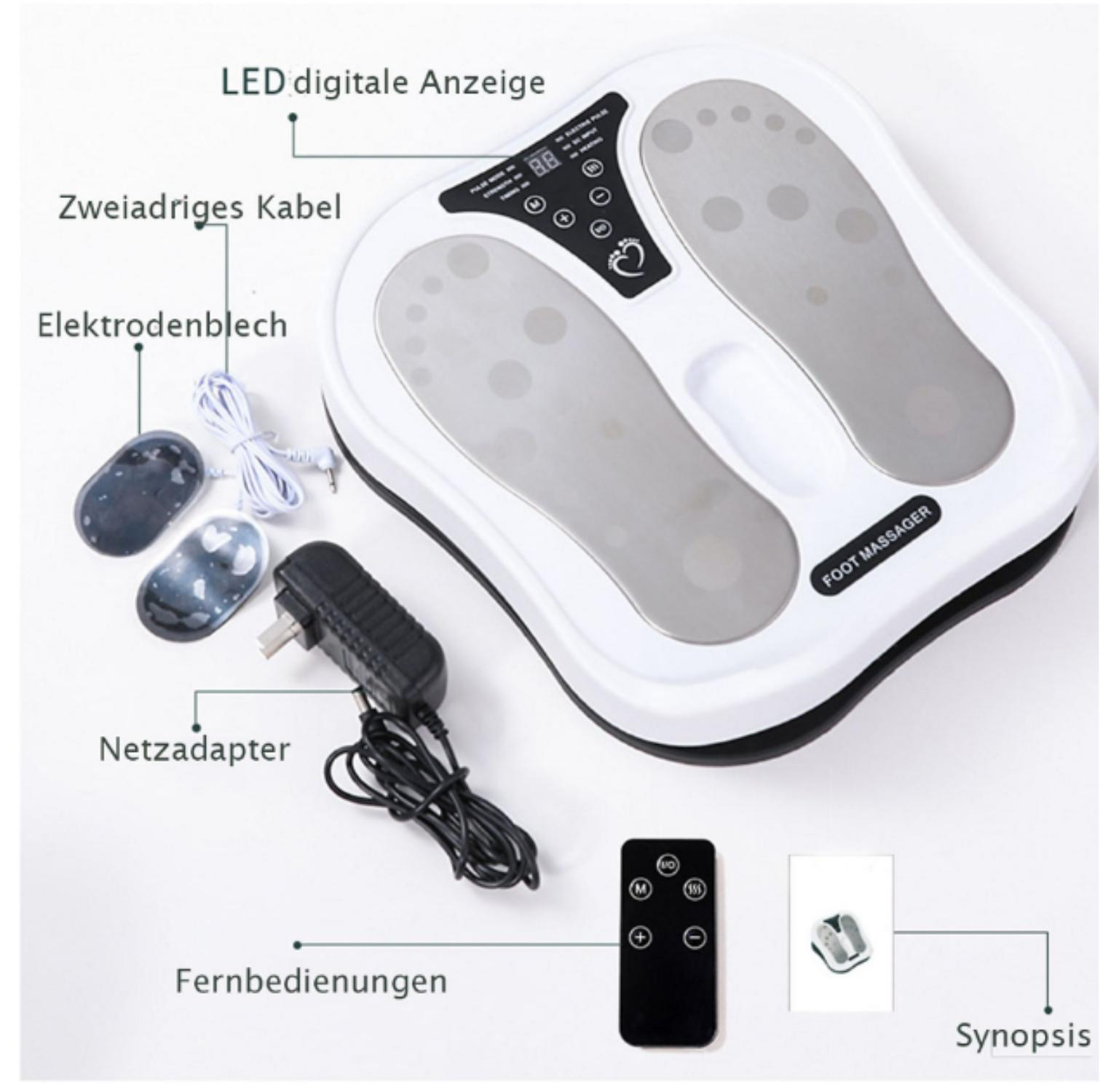 Fußmassagegerät mit Digitalanzeige, zwei Fußbereichen und Zubehör.