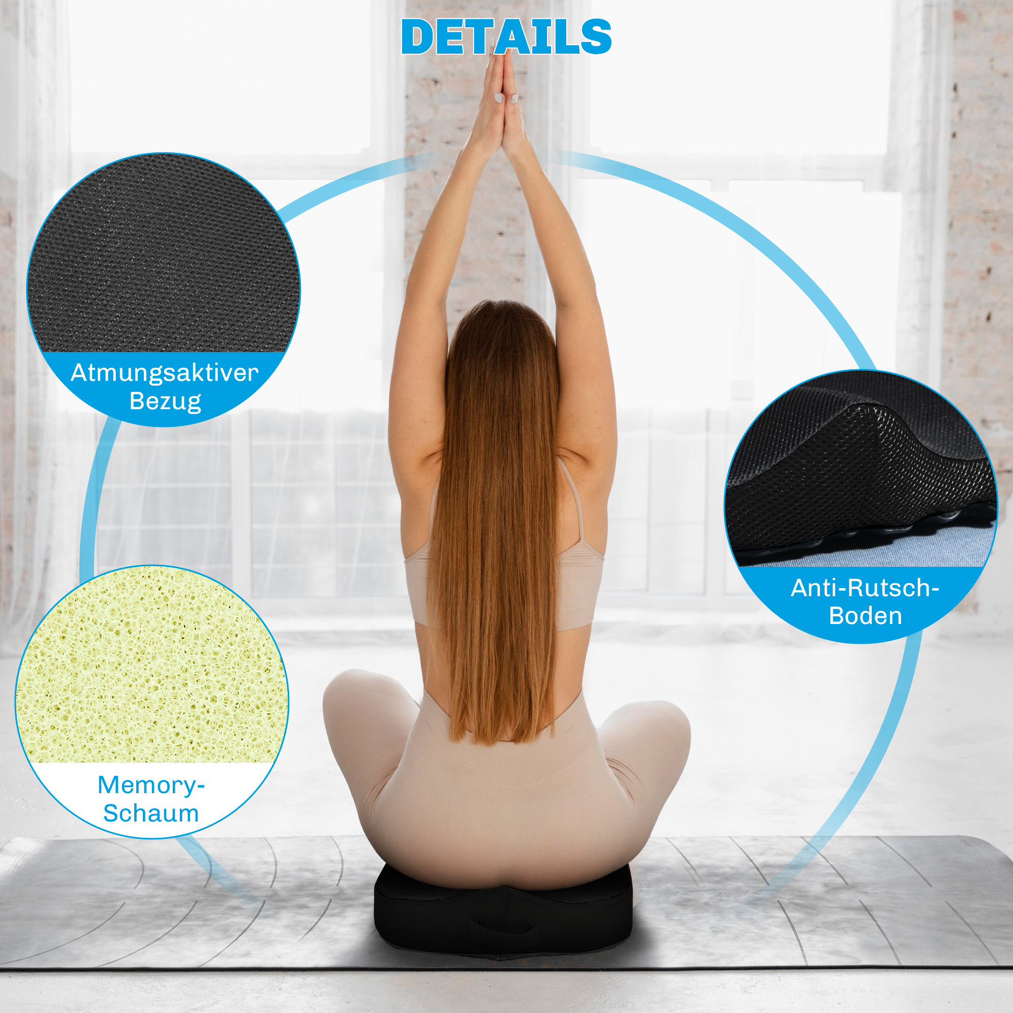 Frau in Yoga-Pose, sitzend auf einem schwarzen Kissen, mit Materialdetails.