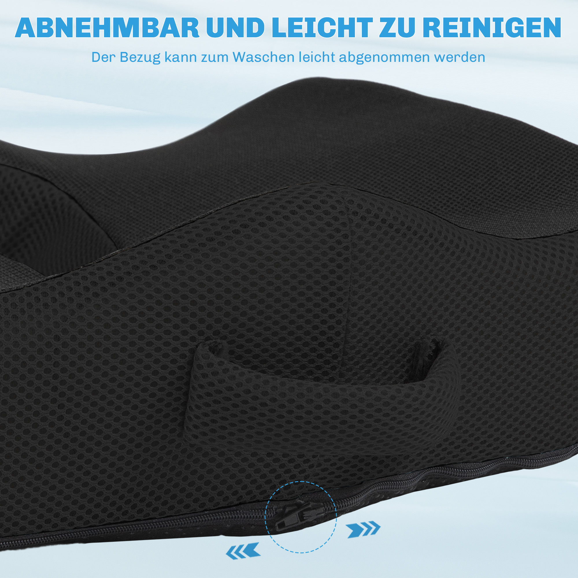 Schwarzes Kissen mit Reißverschluss und atmungsaktivem Bezug, Nahaufnahme.