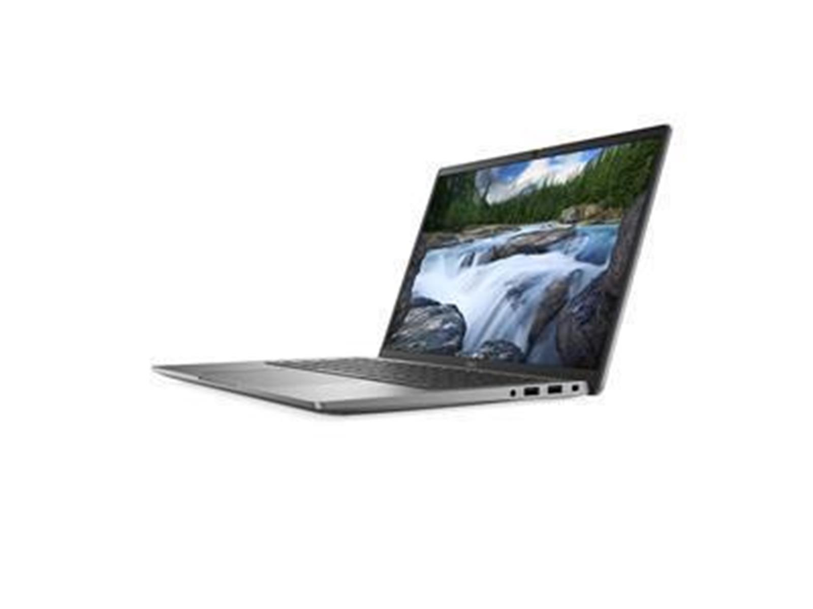 Laptop abgewinkelt, Bildschirm zeigt eine Wasserfallszene. Graues Gehäuse, weißer Hintergrund.