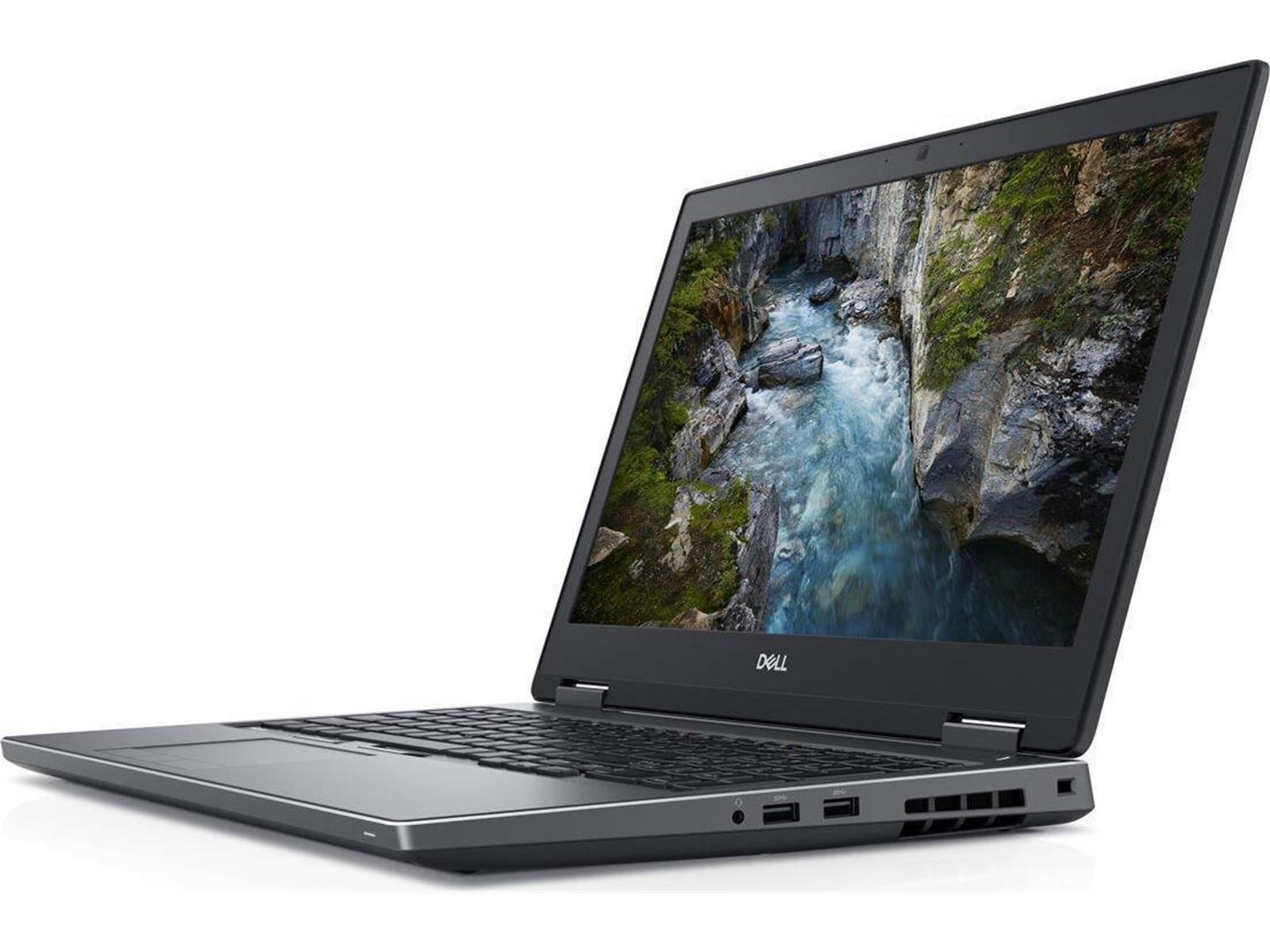 Ein Laptop ist angewinkelt geöffnet und zeigt eine Naturszene auf dem Bildschirm. Der Laptop ist dunkelgrau. Weißer Hintergrund.