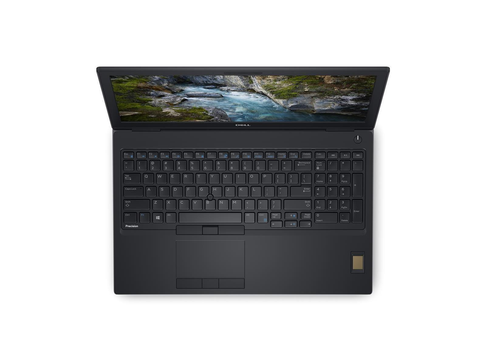 Schwarzer Dell-Laptop, Draufsicht. Tastatur sichtbar, mit Trackpad und Fingerabdruckleser.