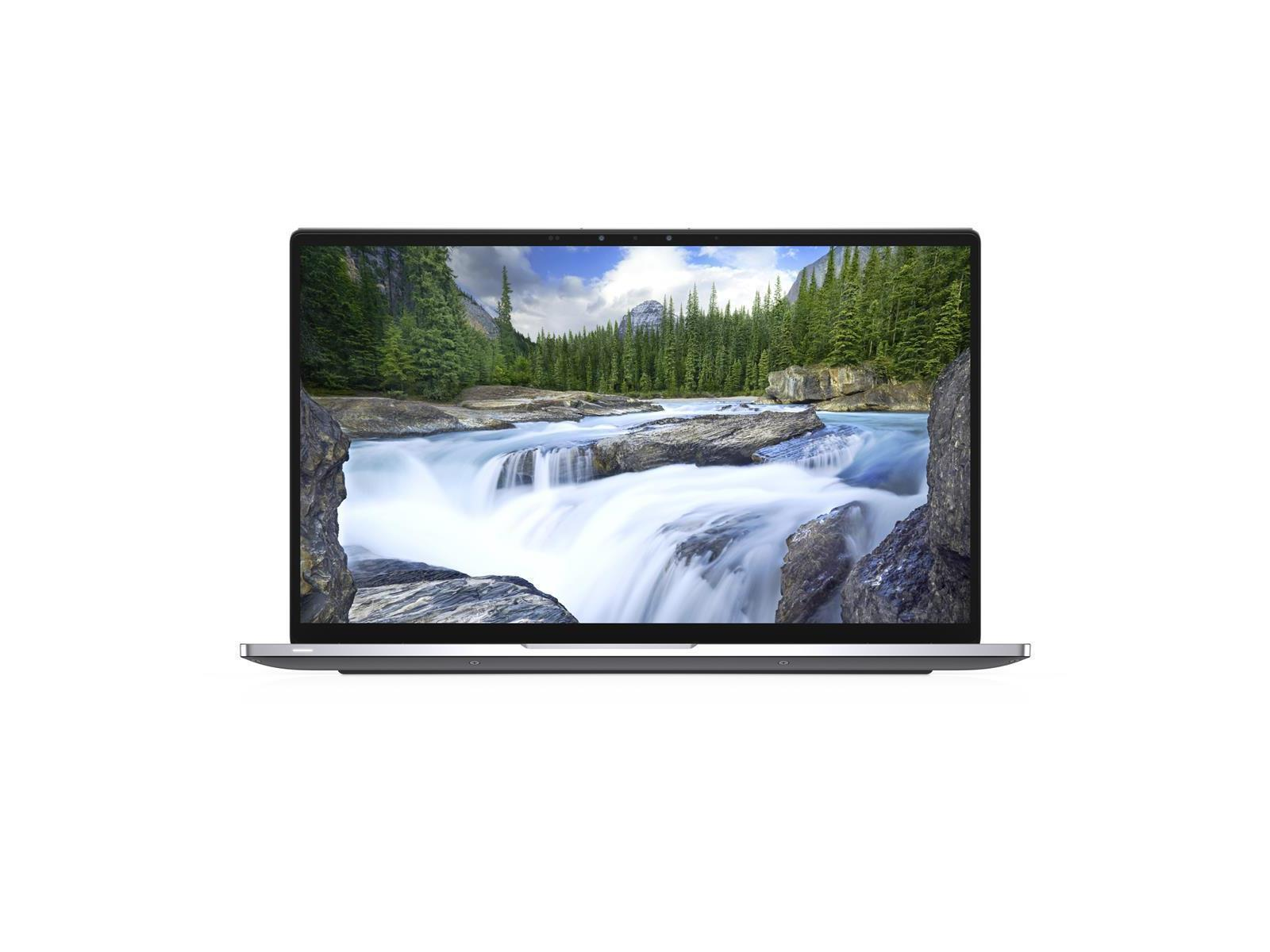 Ein grauer Laptop ist geöffnet und zeigt eine Wasserfallszene auf dem Bildschirm. Weißer Hintergrund. Das Dell-Logo befindet sich auf dem Laptop.