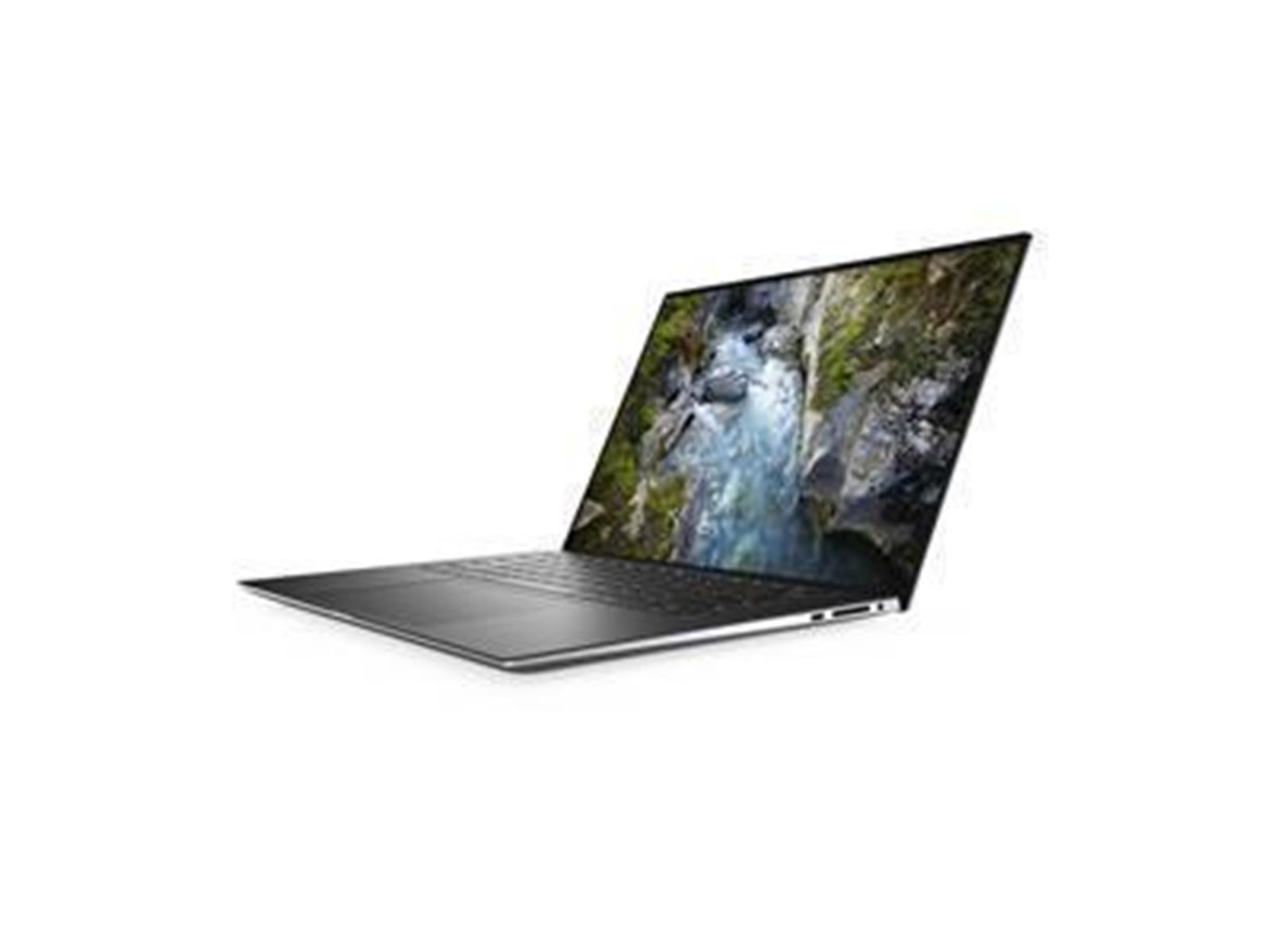 Ein silberner Laptop ist geöffnet und zeigt eine Naturszene mit einem Wasserfall. Weißer Hintergrund.