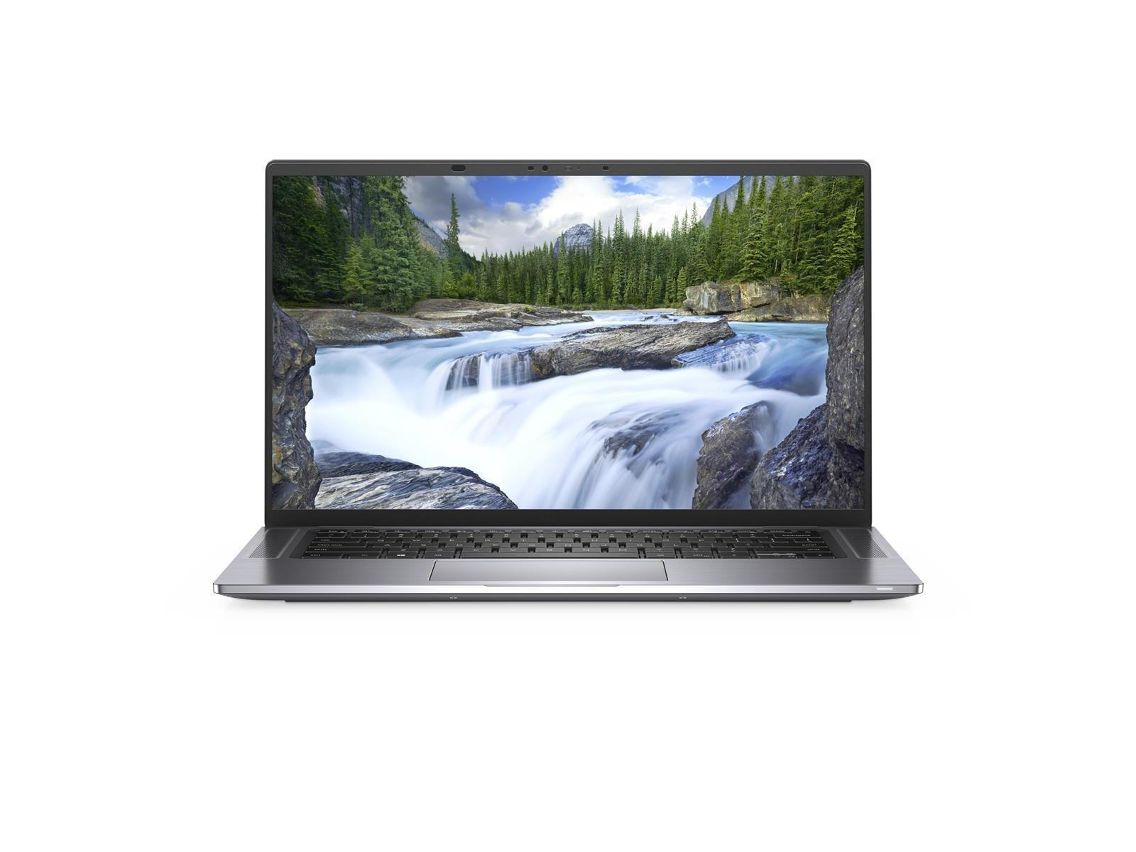 Ein grauer Laptop ist geöffnet und zeigt eine Wasserfallszene auf dem Bildschirm. Weißer Hintergrund.