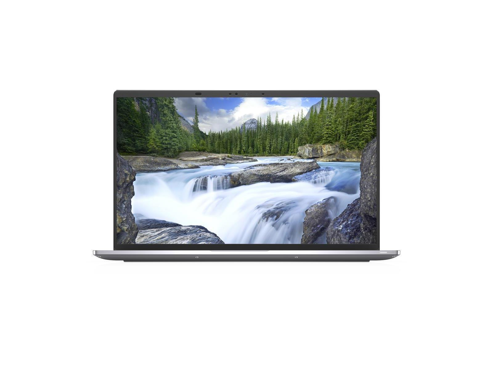 Ein Laptop, der einen malerischen Wasserfall mit einem Fluss durch einen Wald zeigt, vor weißem Hintergrund.