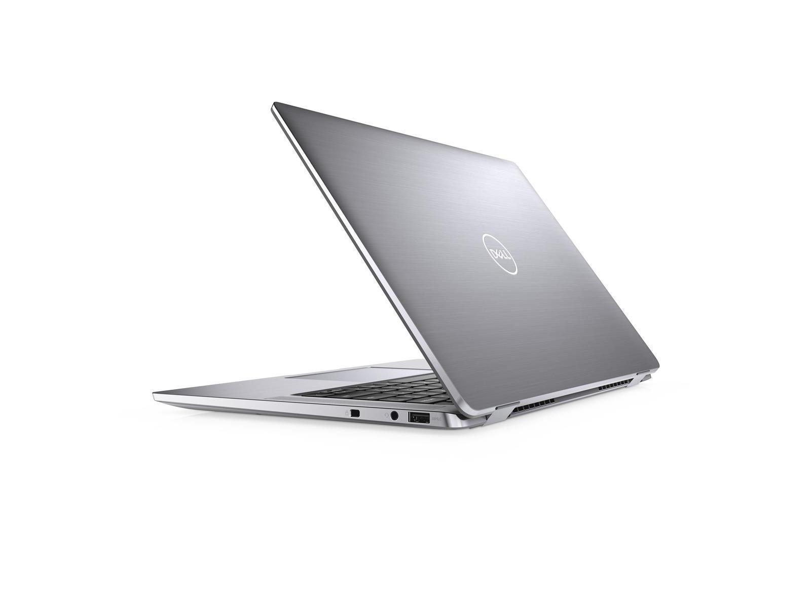 Ein grauer Laptop ist geöffnet. Die Rückseite des Laptops ist sichtbar, mit dem Dell-Logo. Weißer Hintergrund.
